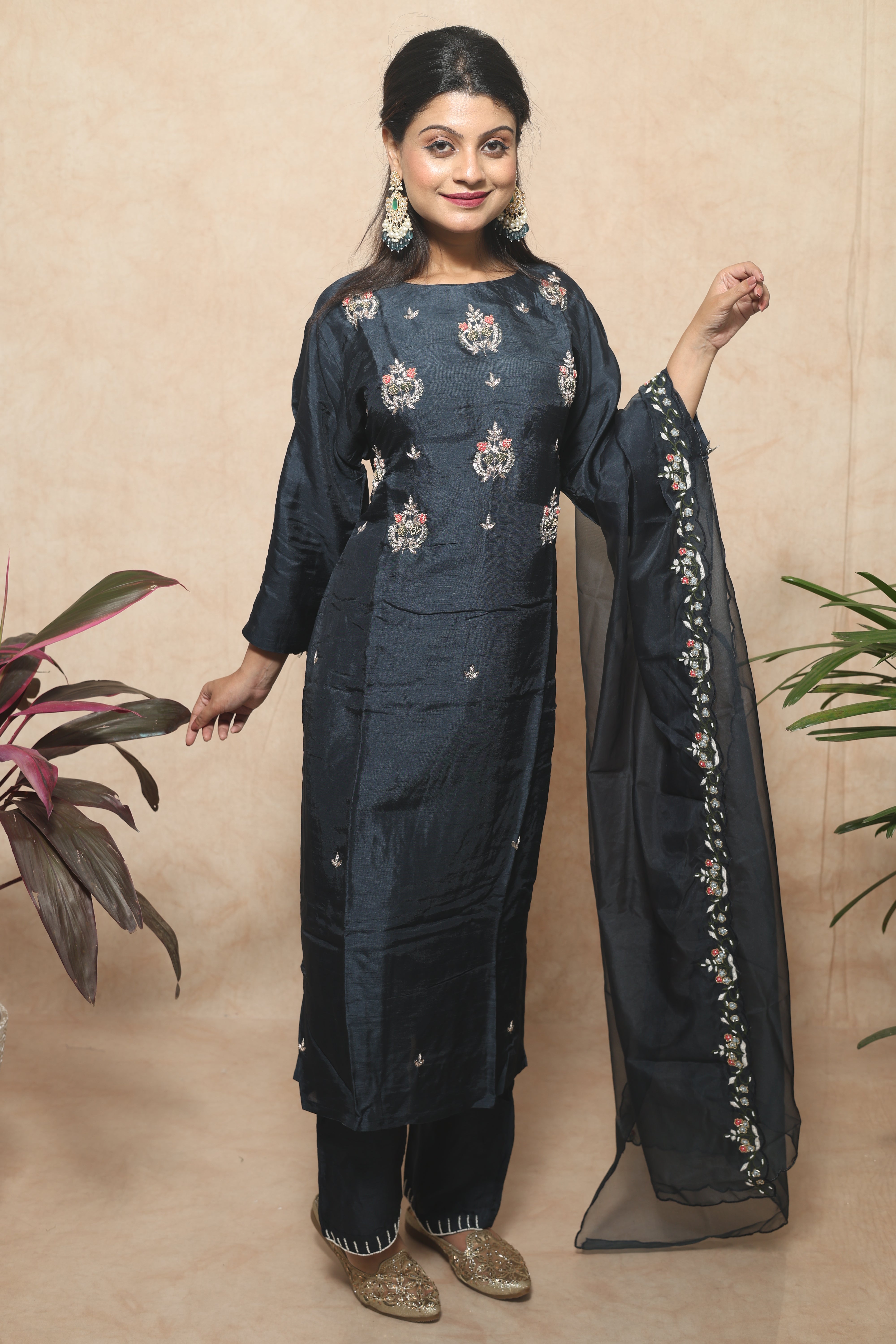Mid Night Blue Color Handwork Dola Silk Suit Set