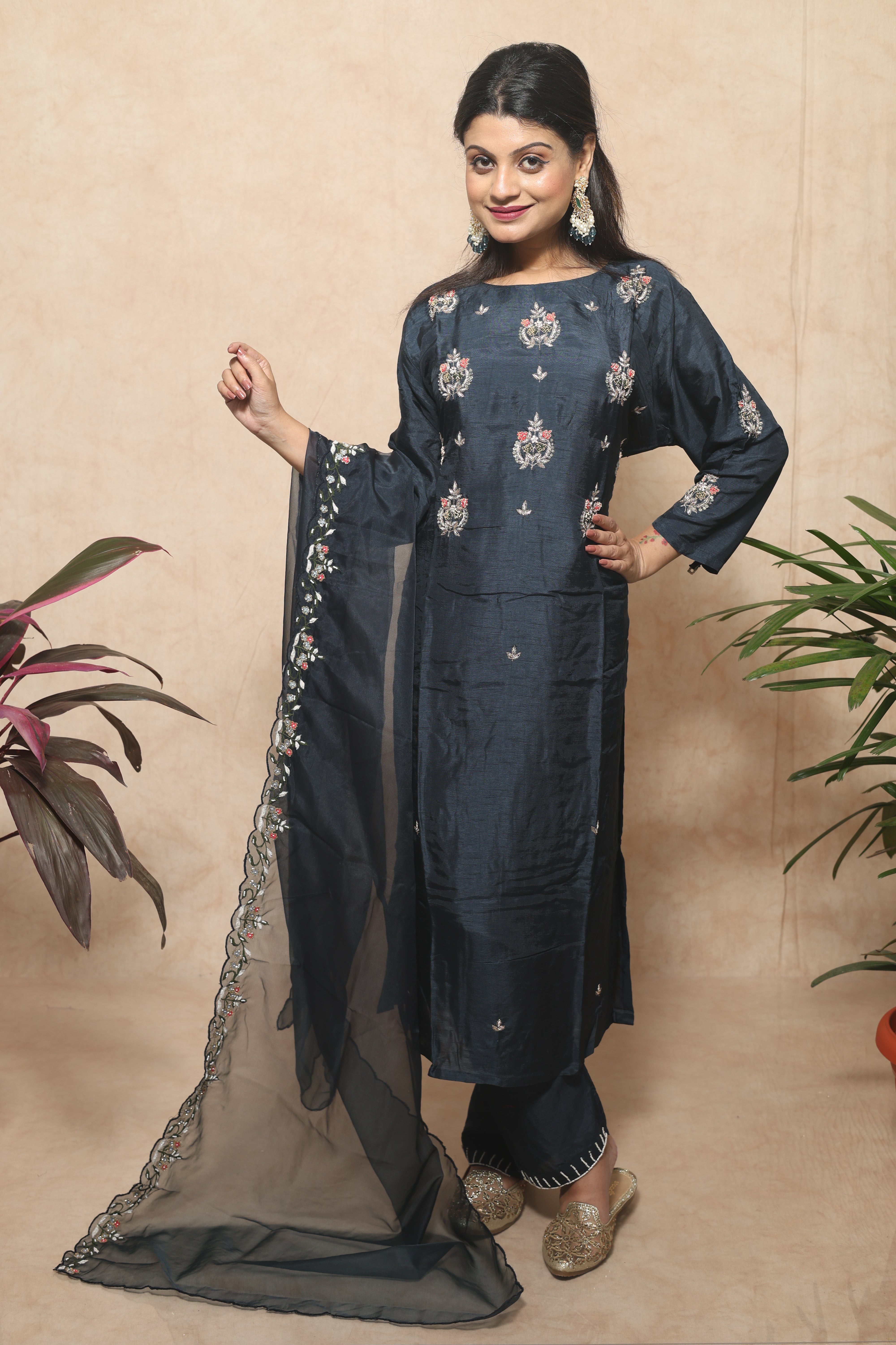 Mid Night Blue Color Handwork Dola Silk Suit Set