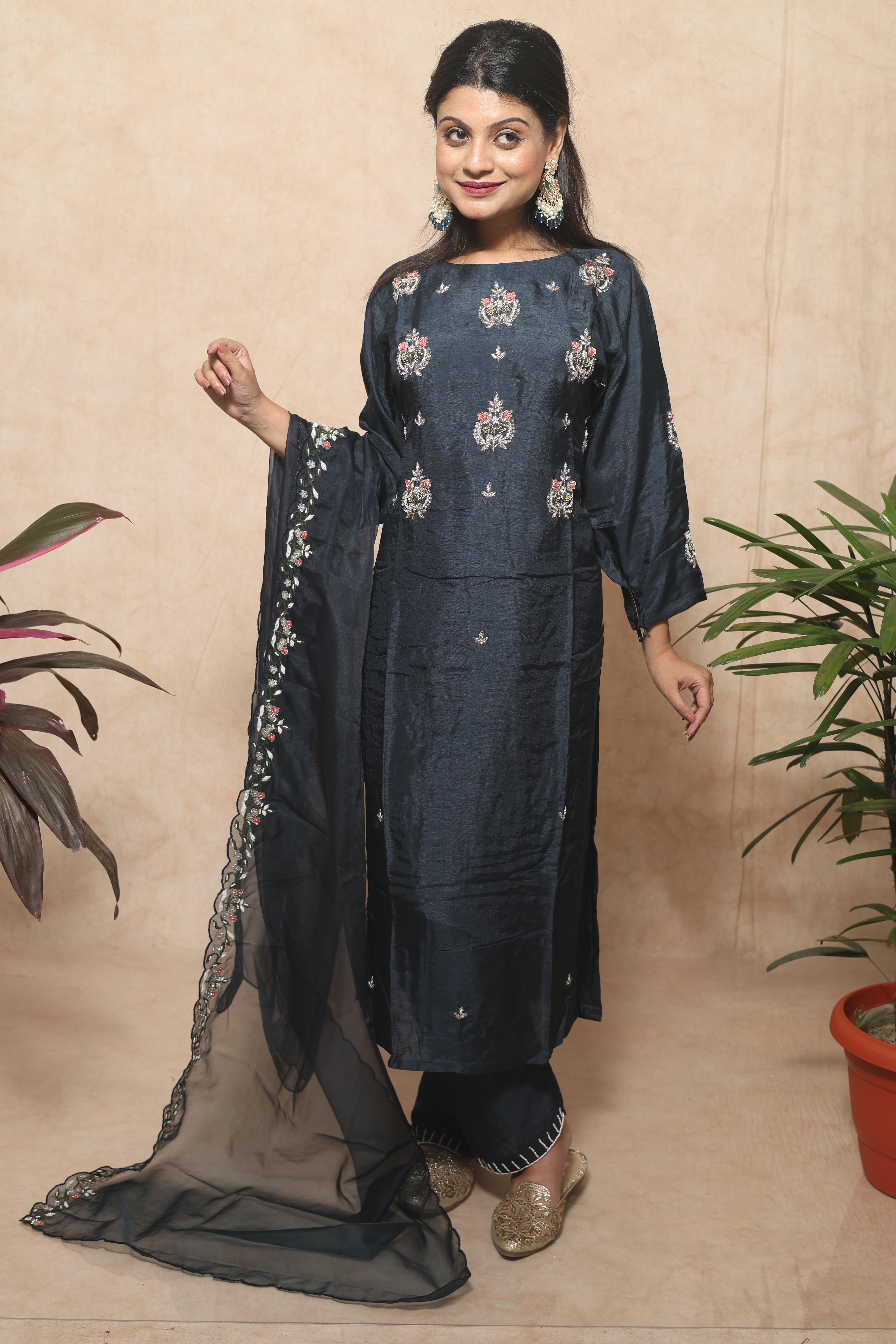 Mid Night Blue Color Handwork Dola Silk Suit Set