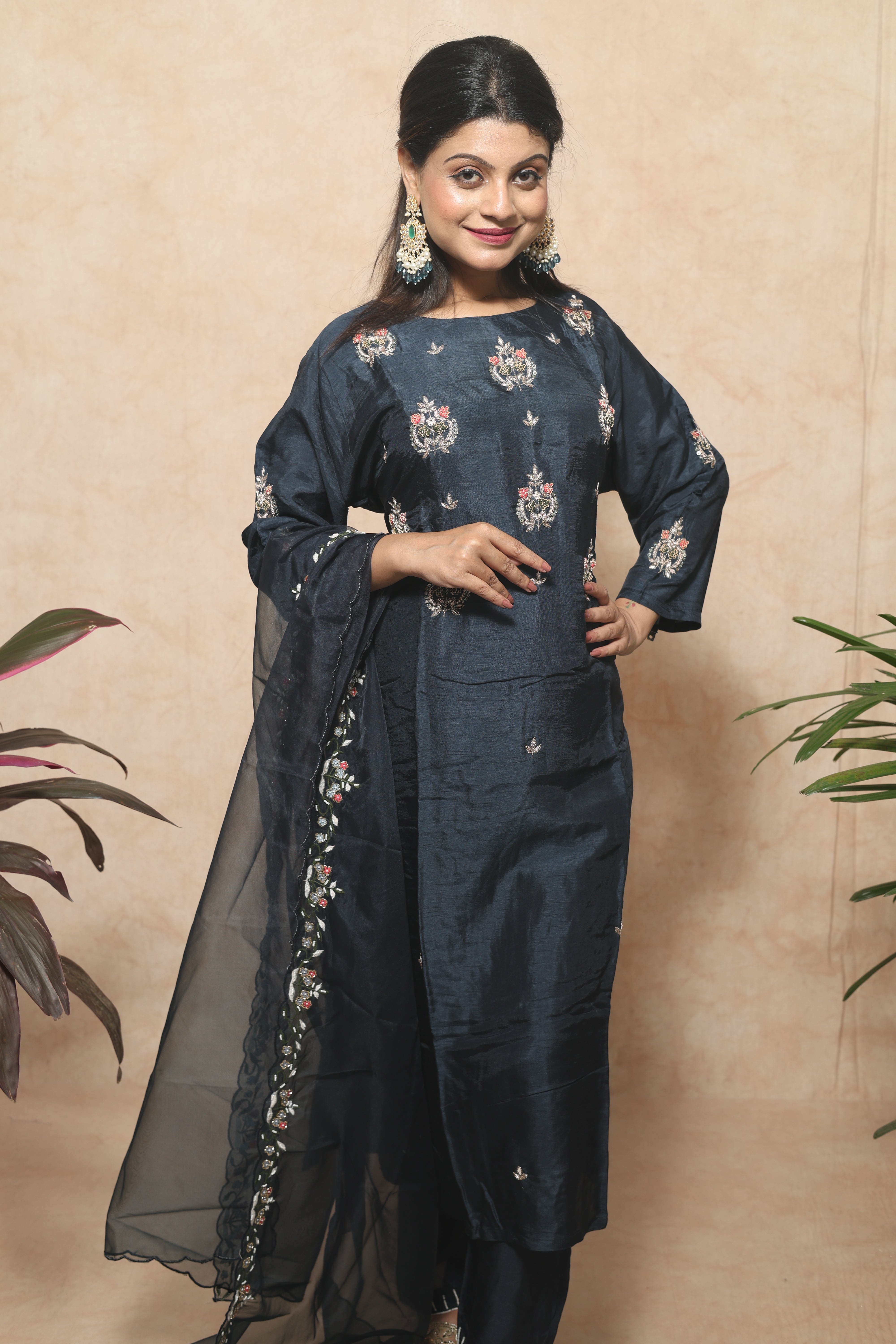 Mid Night Blue Color Handwork Dola Silk Suit Set
