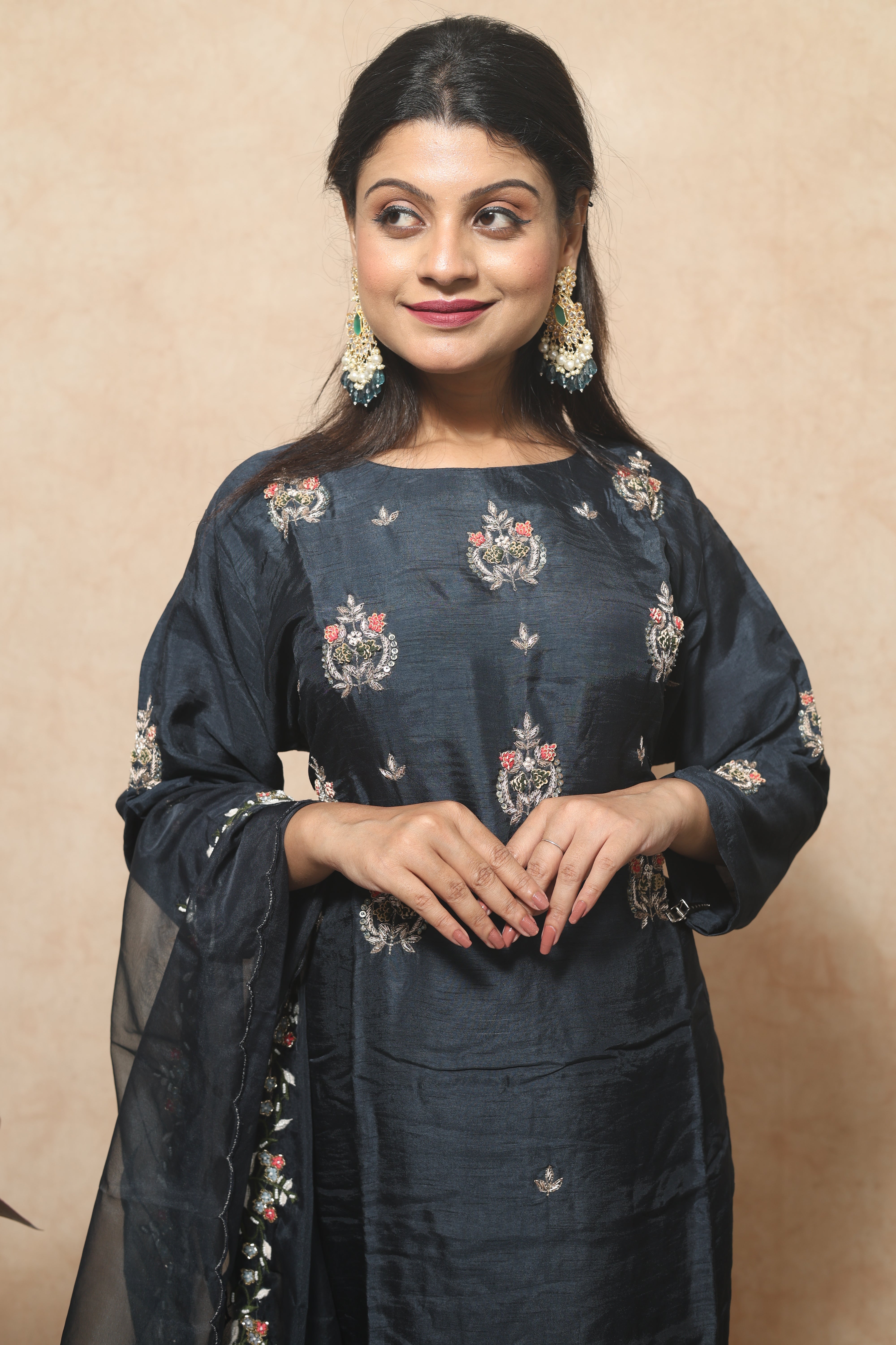 Mid Night Blue Color Handwork Dola Silk Suit Set