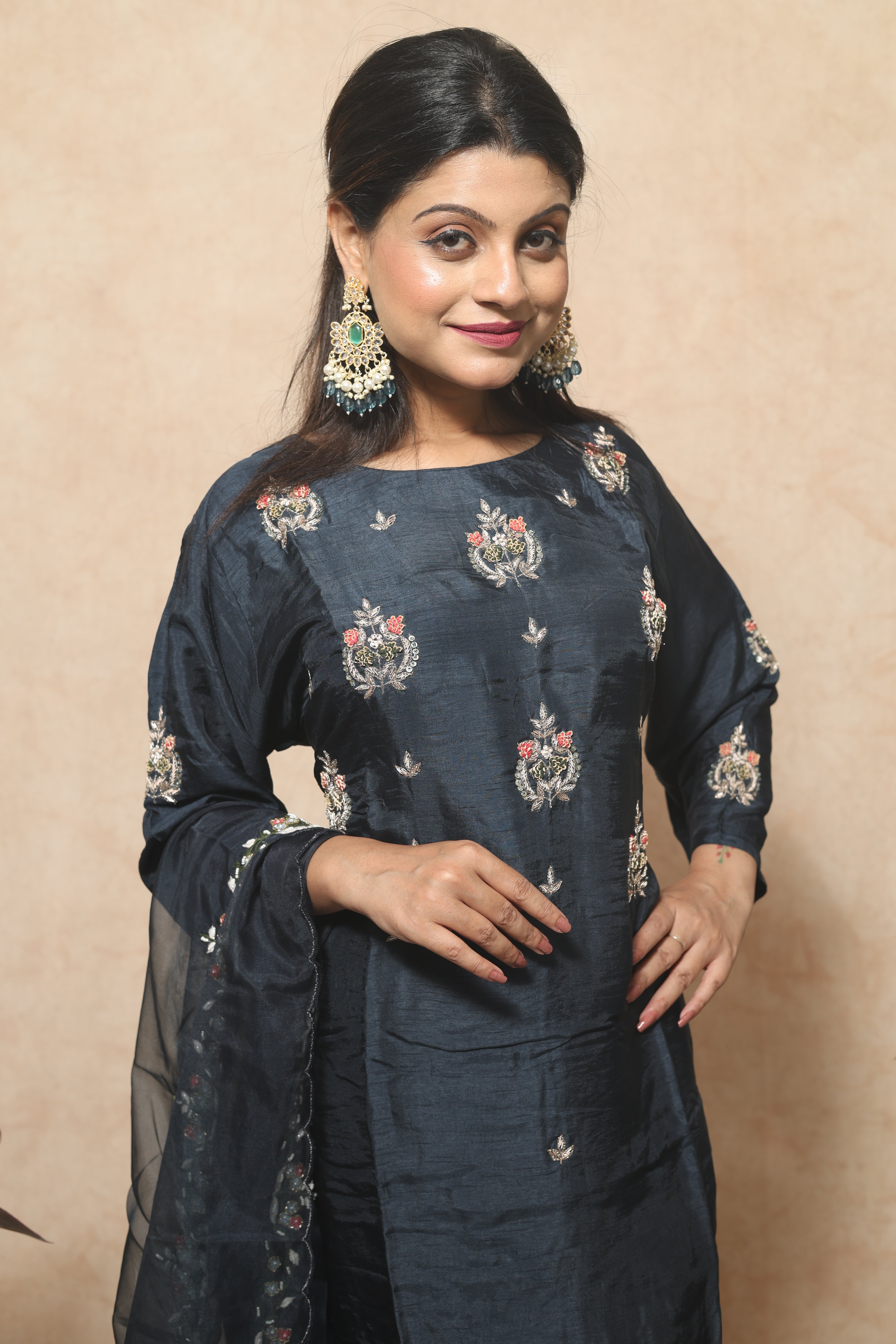 Mid Night Blue Color Handwork Dola Silk Suit Set