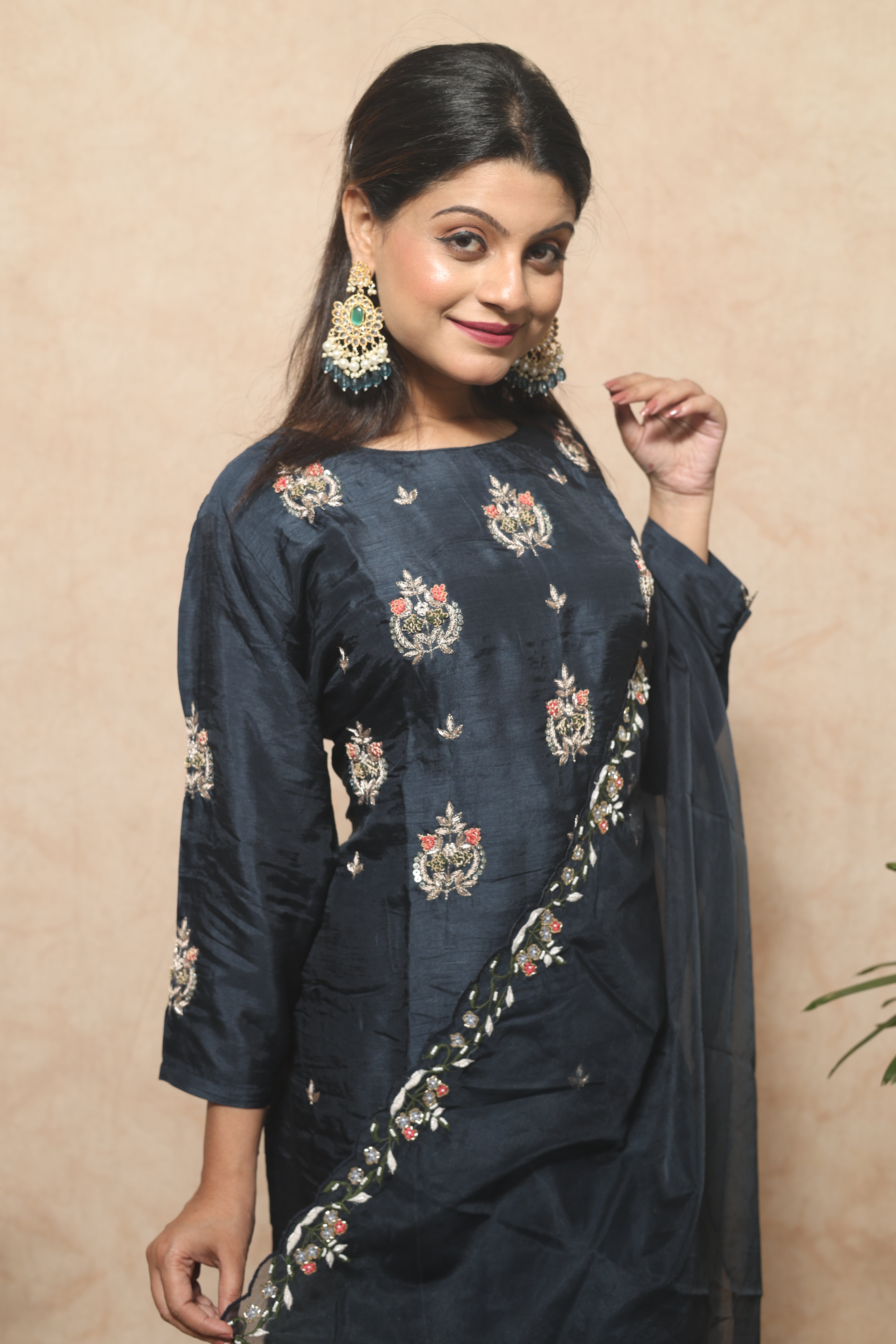 Mid Night Blue Color Handwork Dola Silk Suit Set