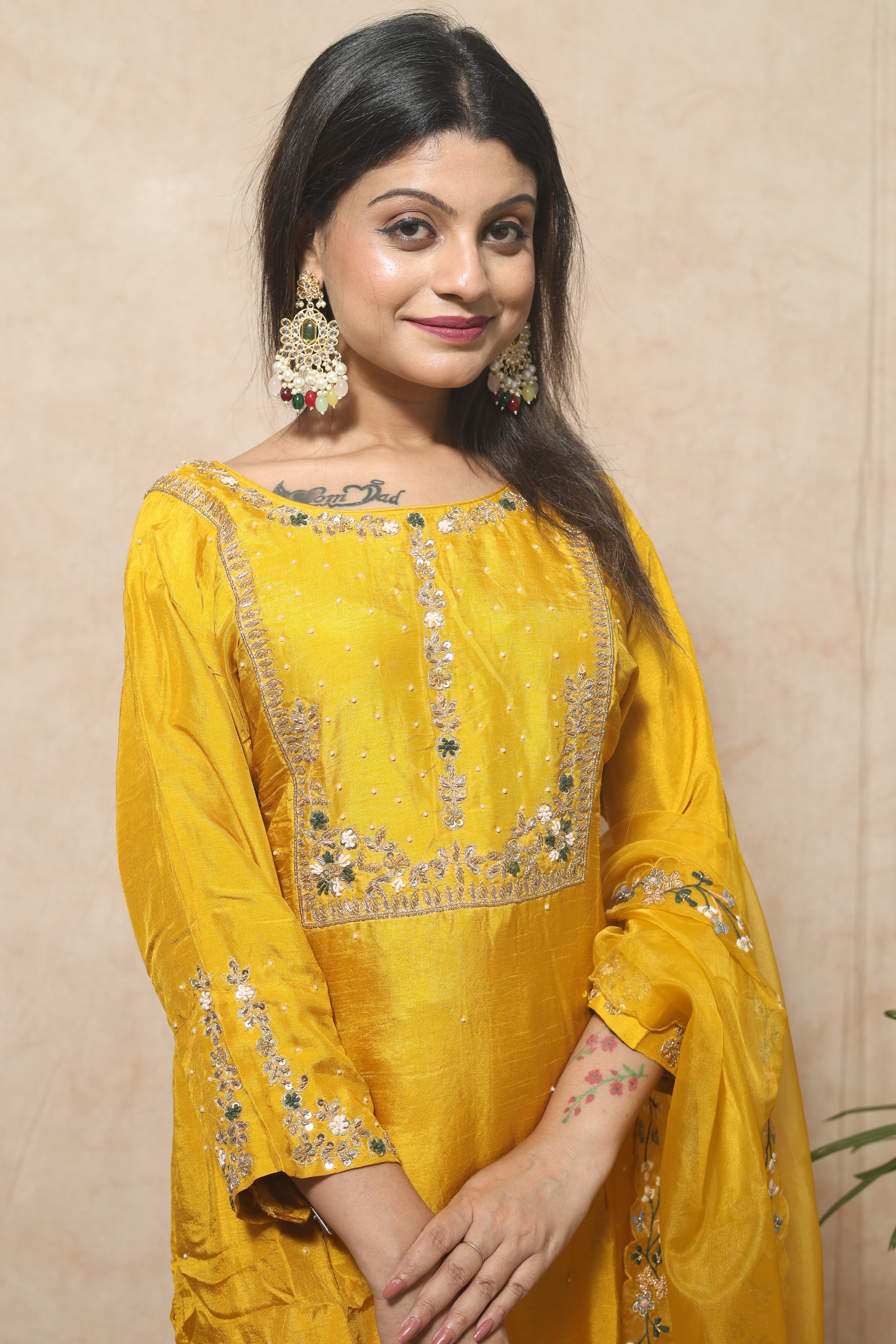 Dola Silk Hand Hand Embroidery Yellow Suit Set