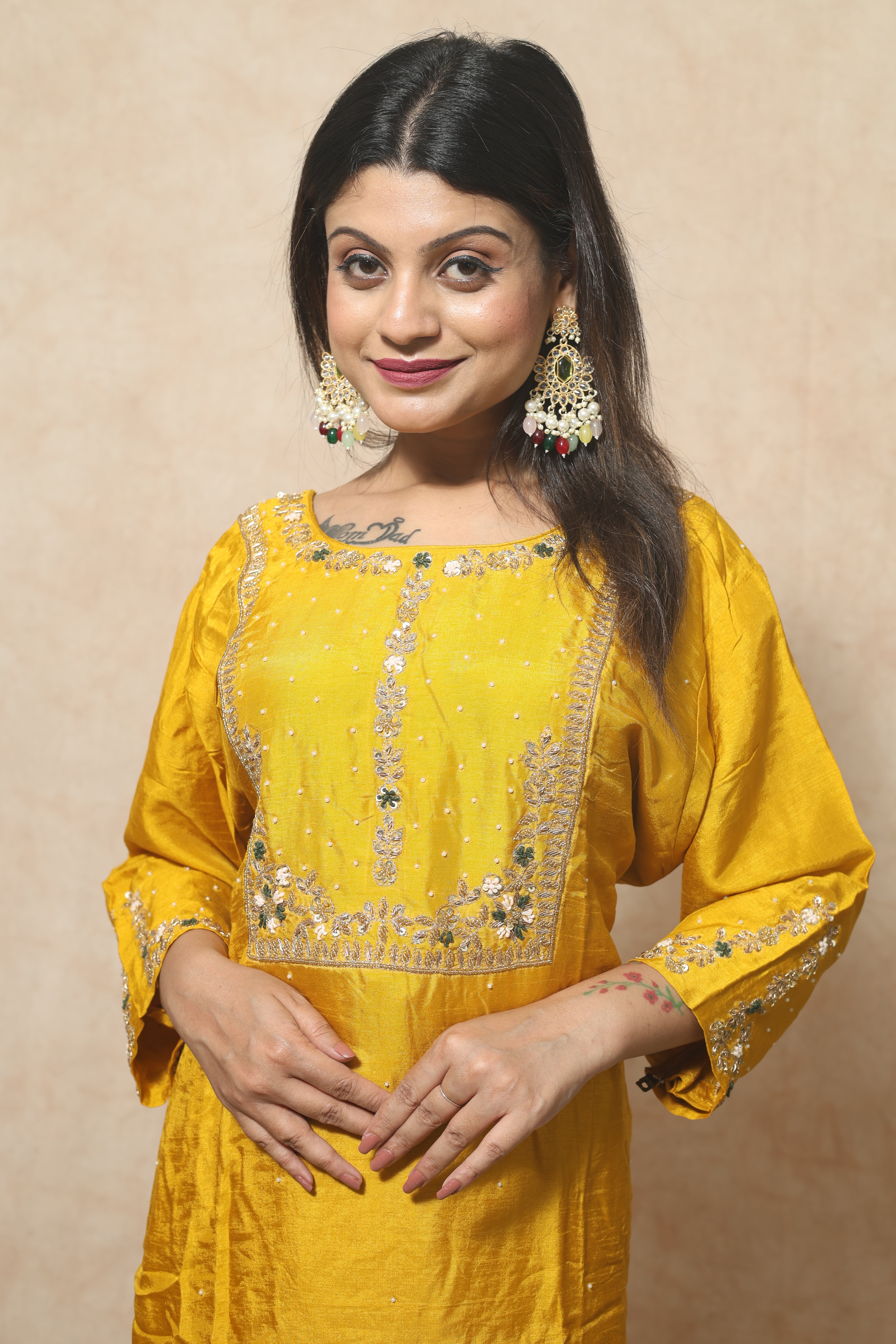 Dola Silk Hand Hand Embroidery Yellow Suit Set