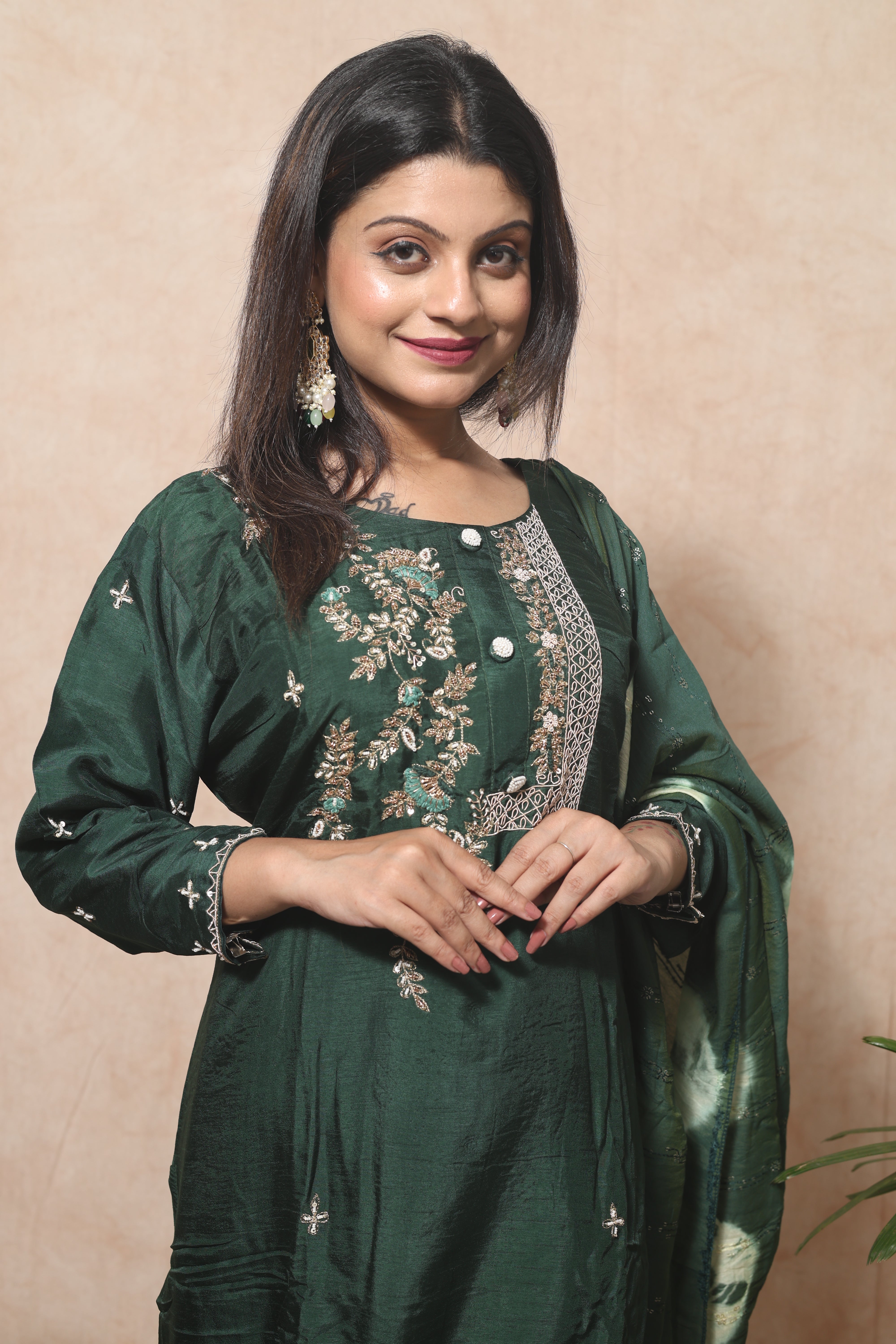 Green Dola Silk Hand Embroidery Suit Set