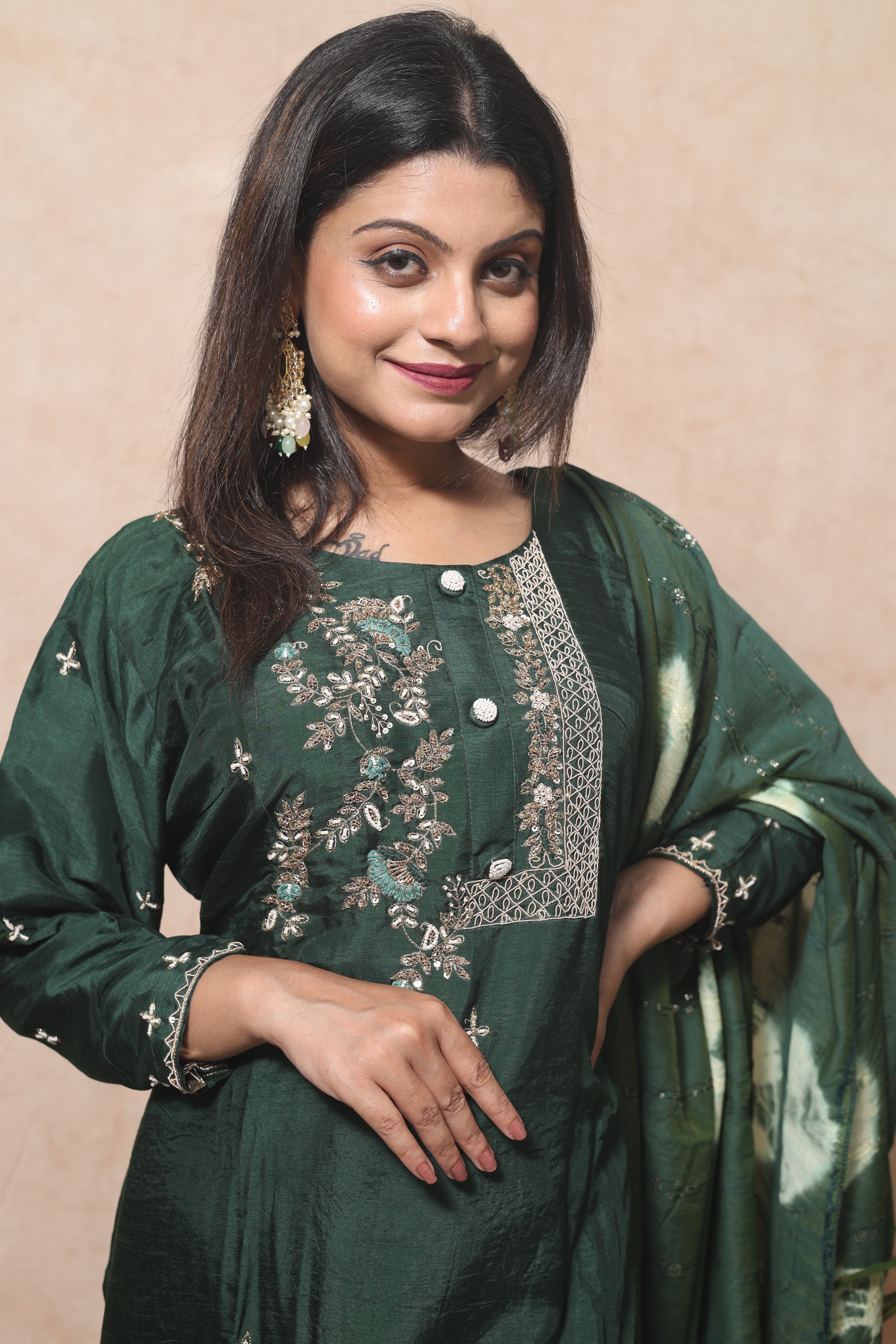 Green Dola Silk Hand Embroidery Suit Set