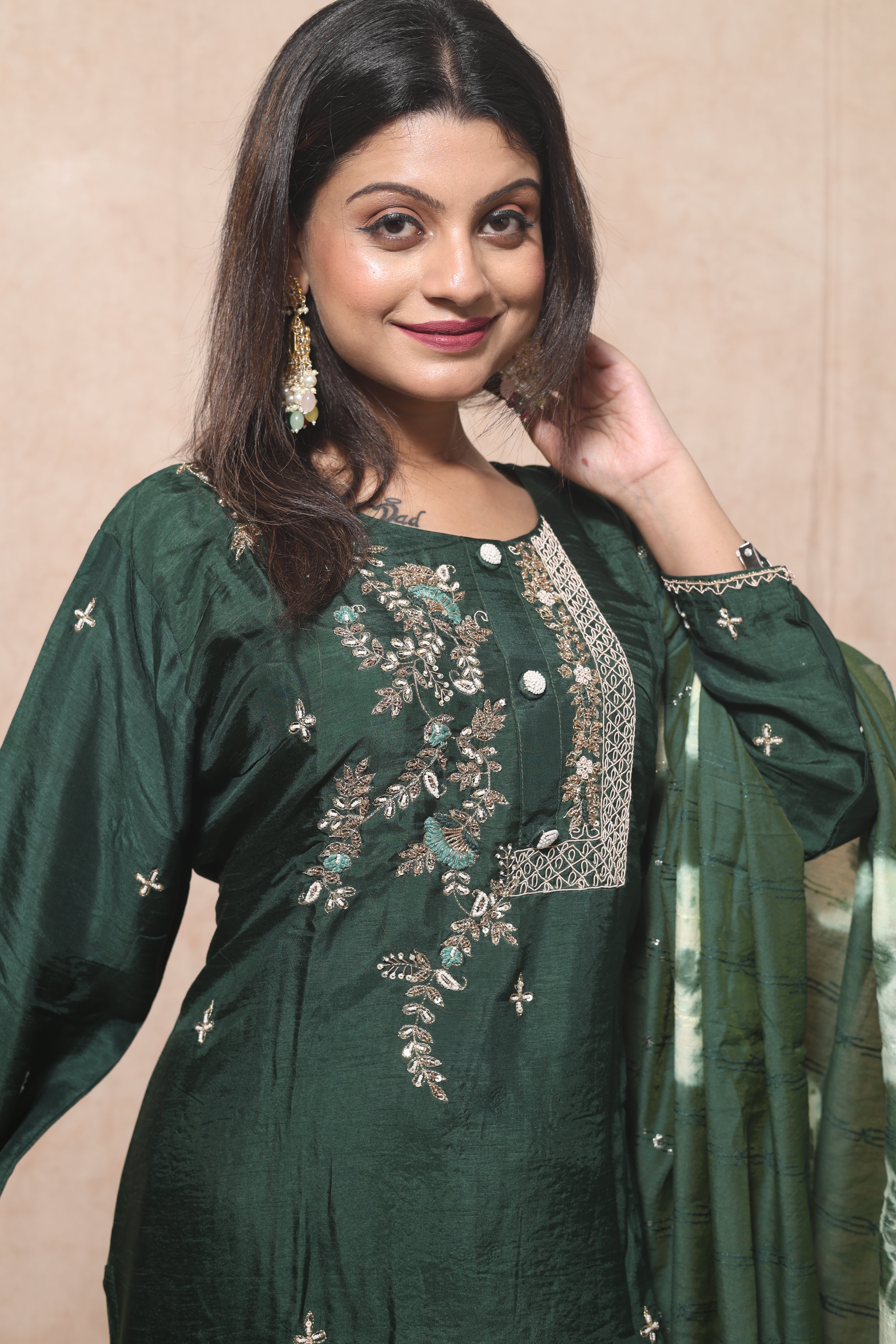 Green Dola Silk Hand Embroidery Suit Set