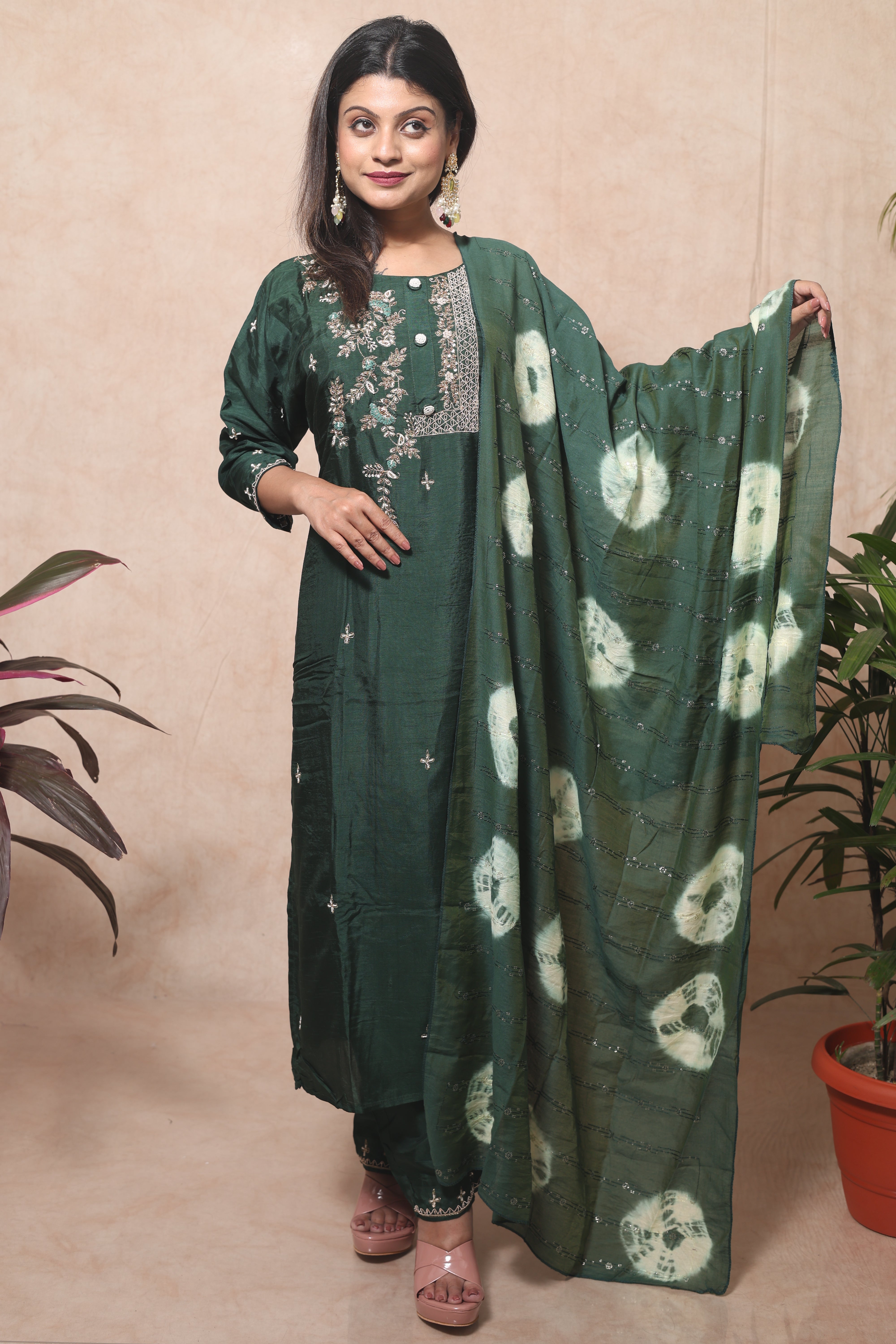 Green Dola Silk Hand Embroidery Suit Set