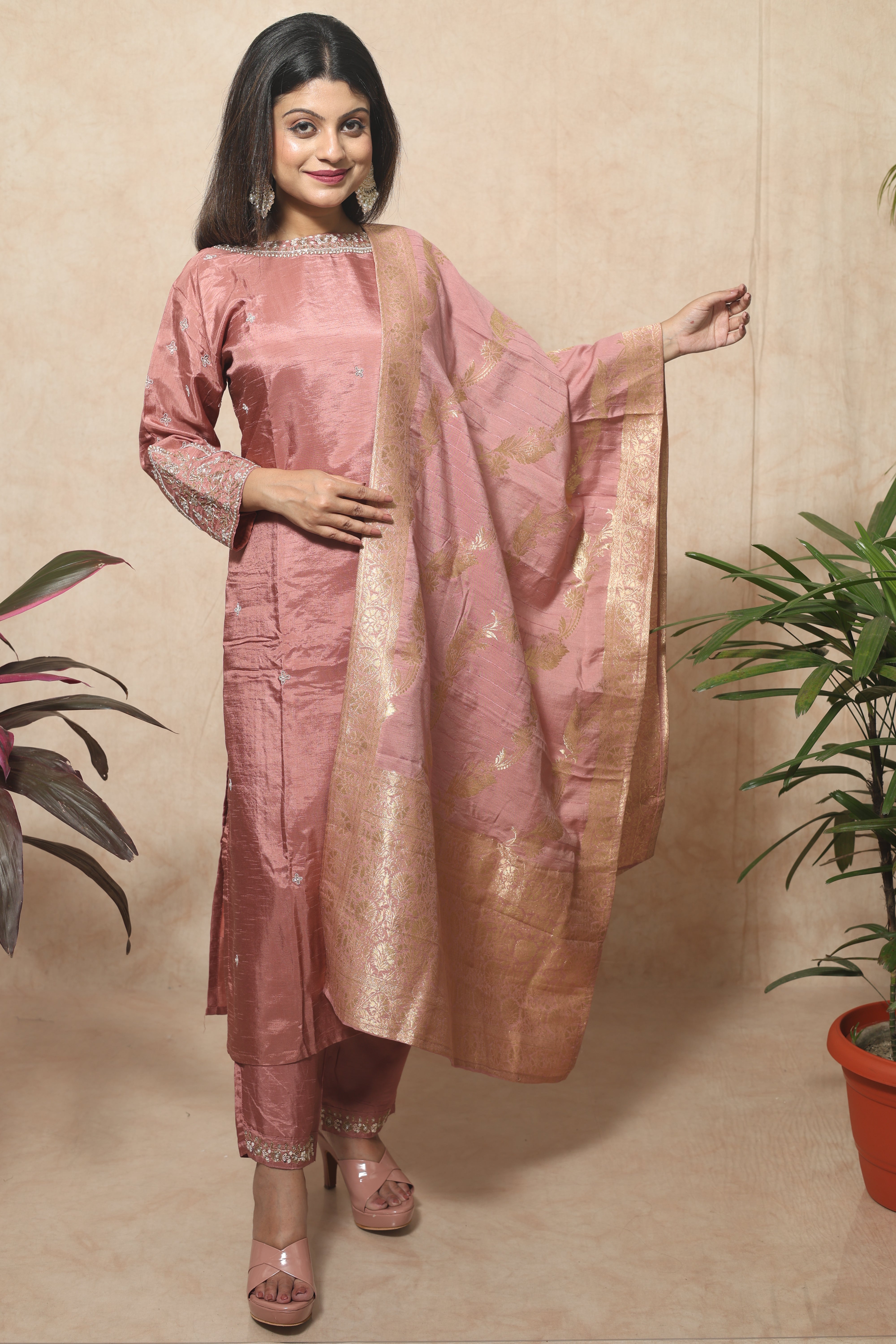 Dusty pink dola silk suit set featuring exquisite handwork