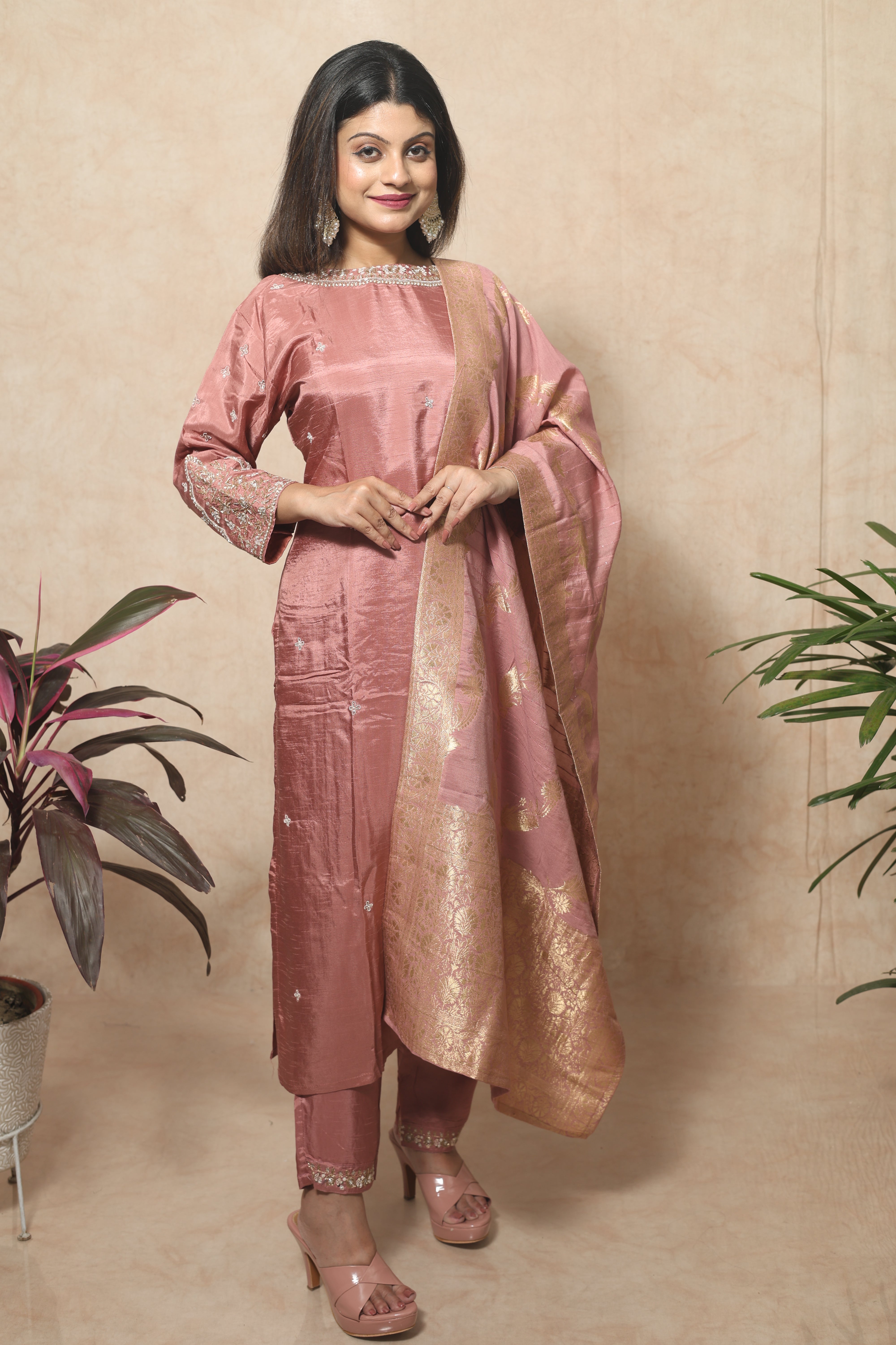 Dusty Pink Dola Silk Handwork Suit Set