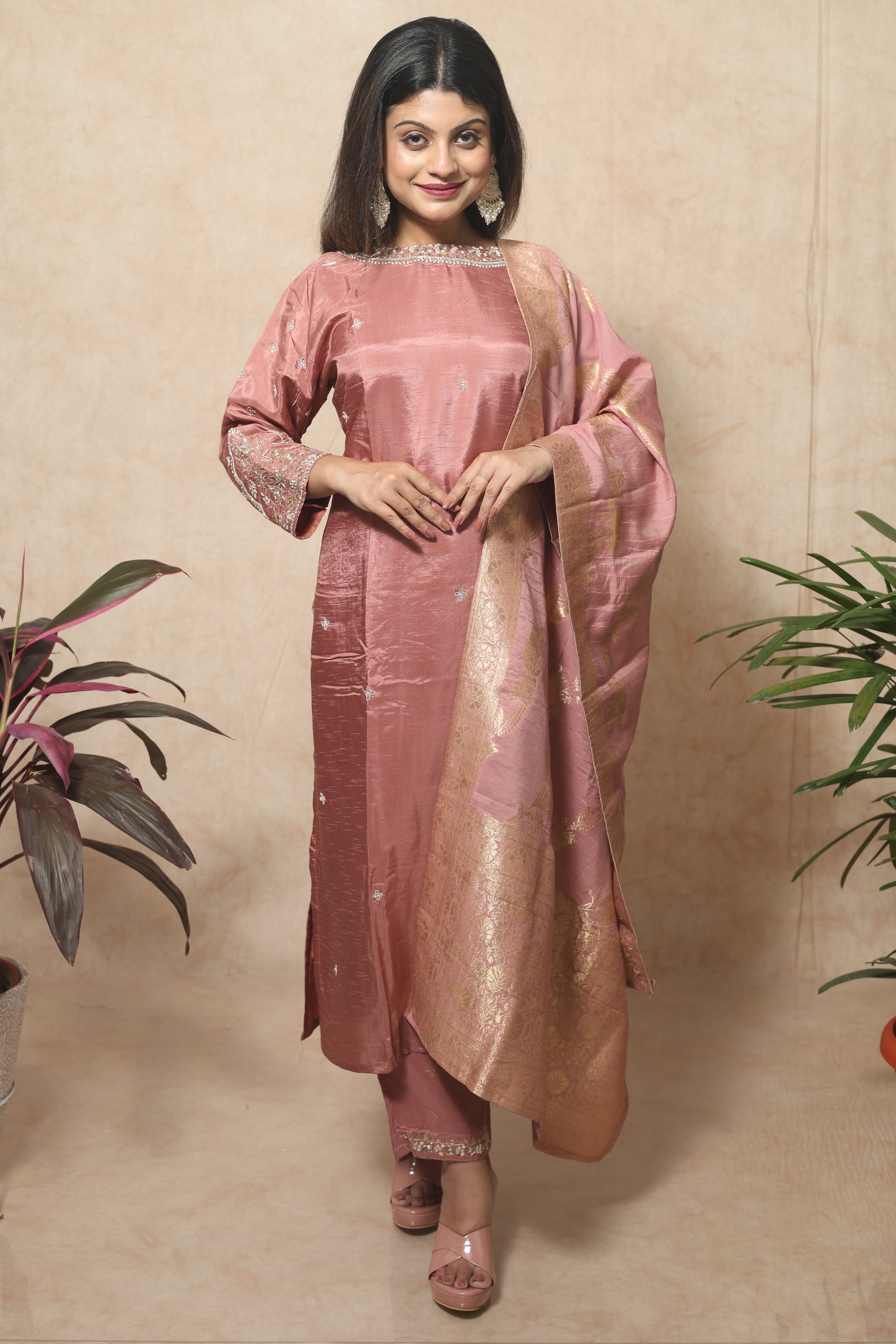 Dusty Pink Dola Silk Handwork Suit Set