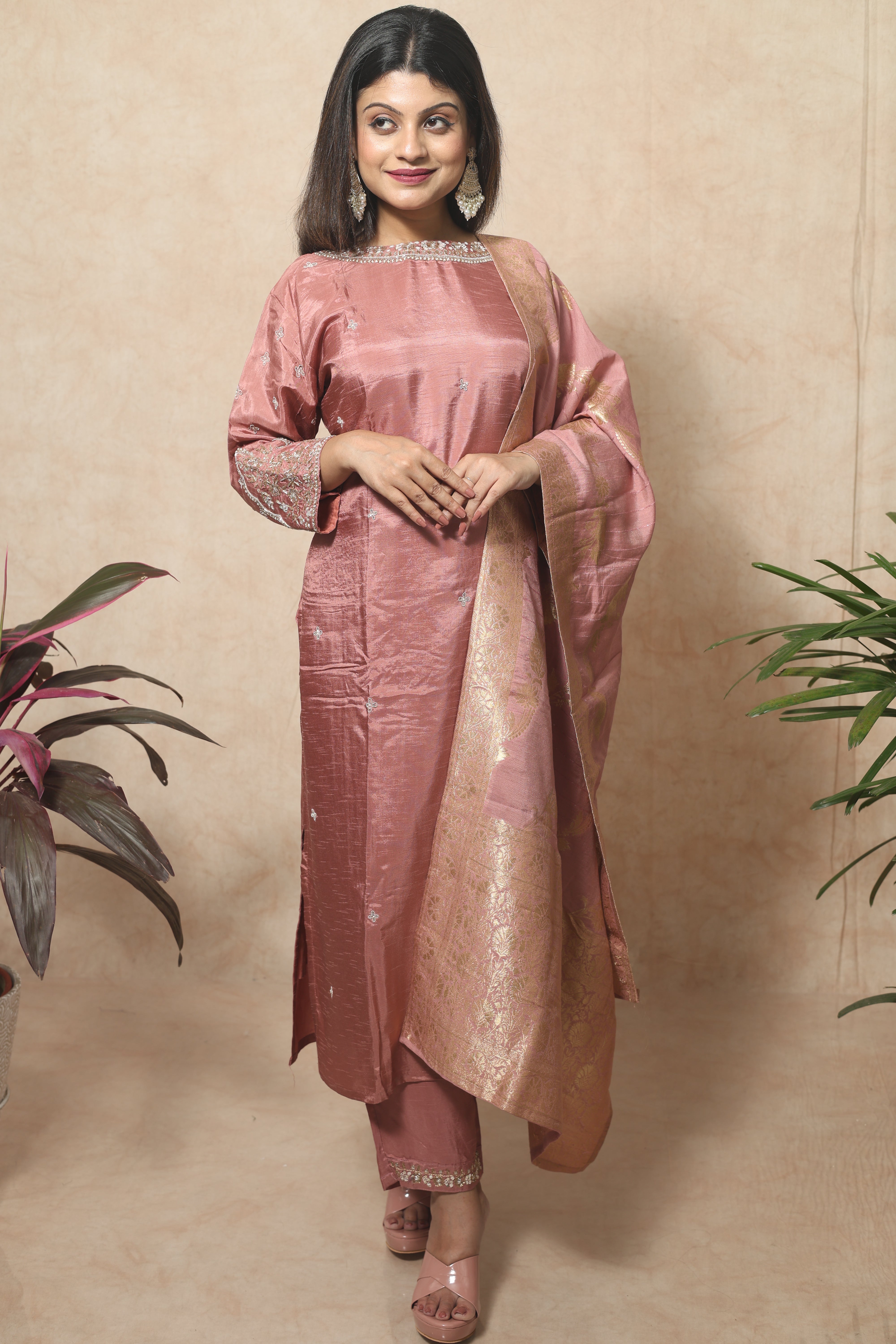 Dusty Pink Dola Silk Handwork Suit Set