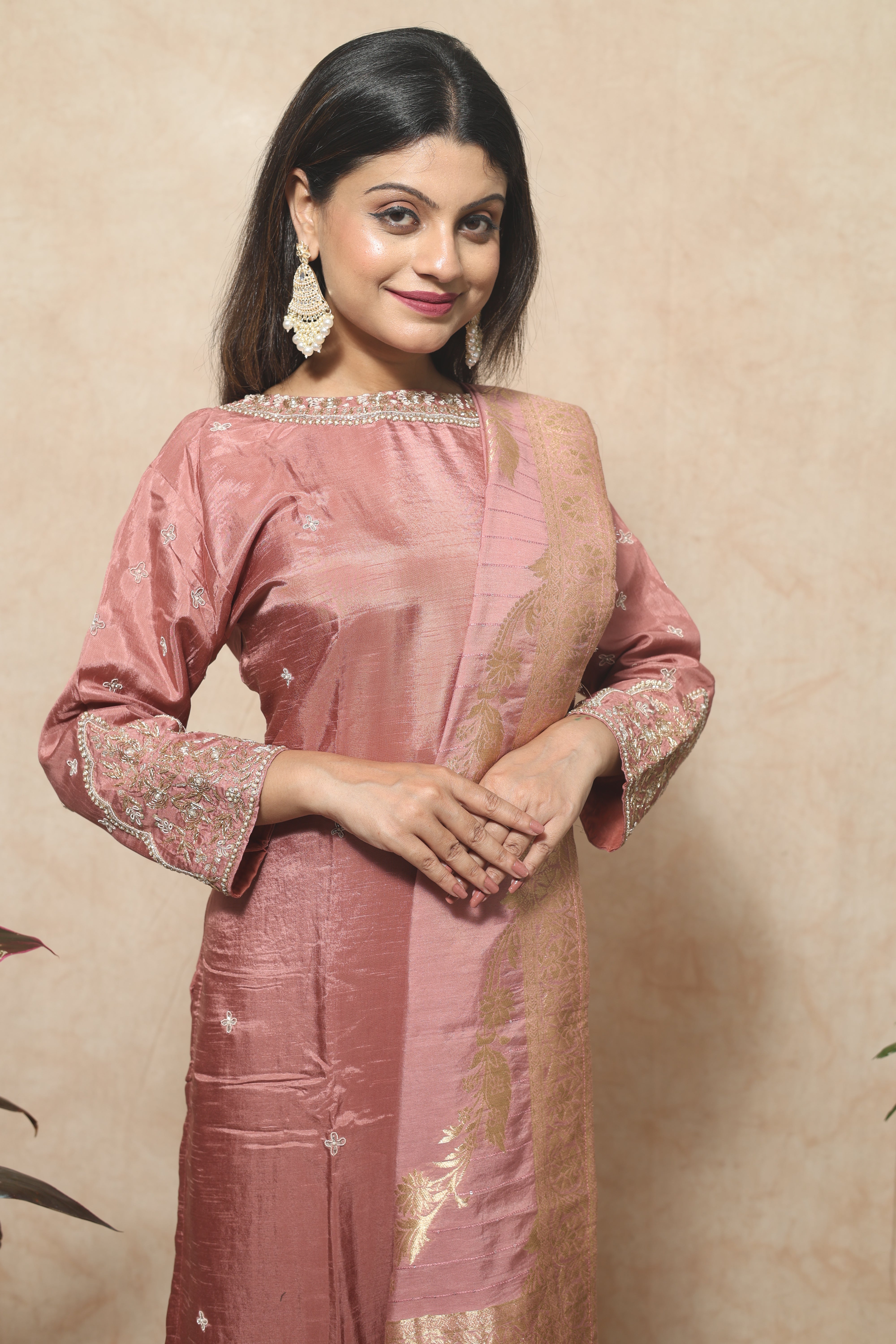 Dusty Pink Dola Silk Handwork Suit Set