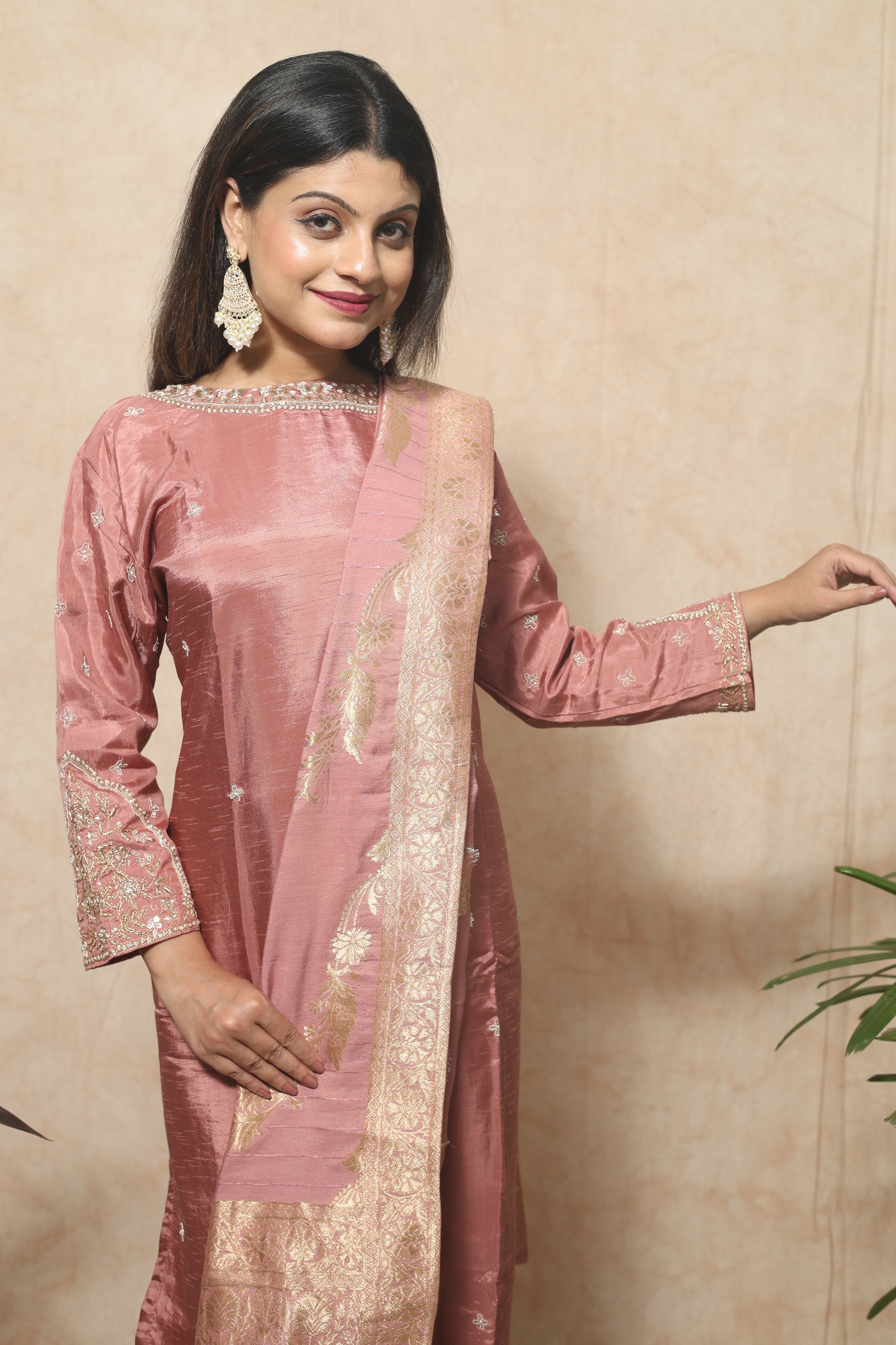 Dusty Pink Dola Silk Handwork Suit Set