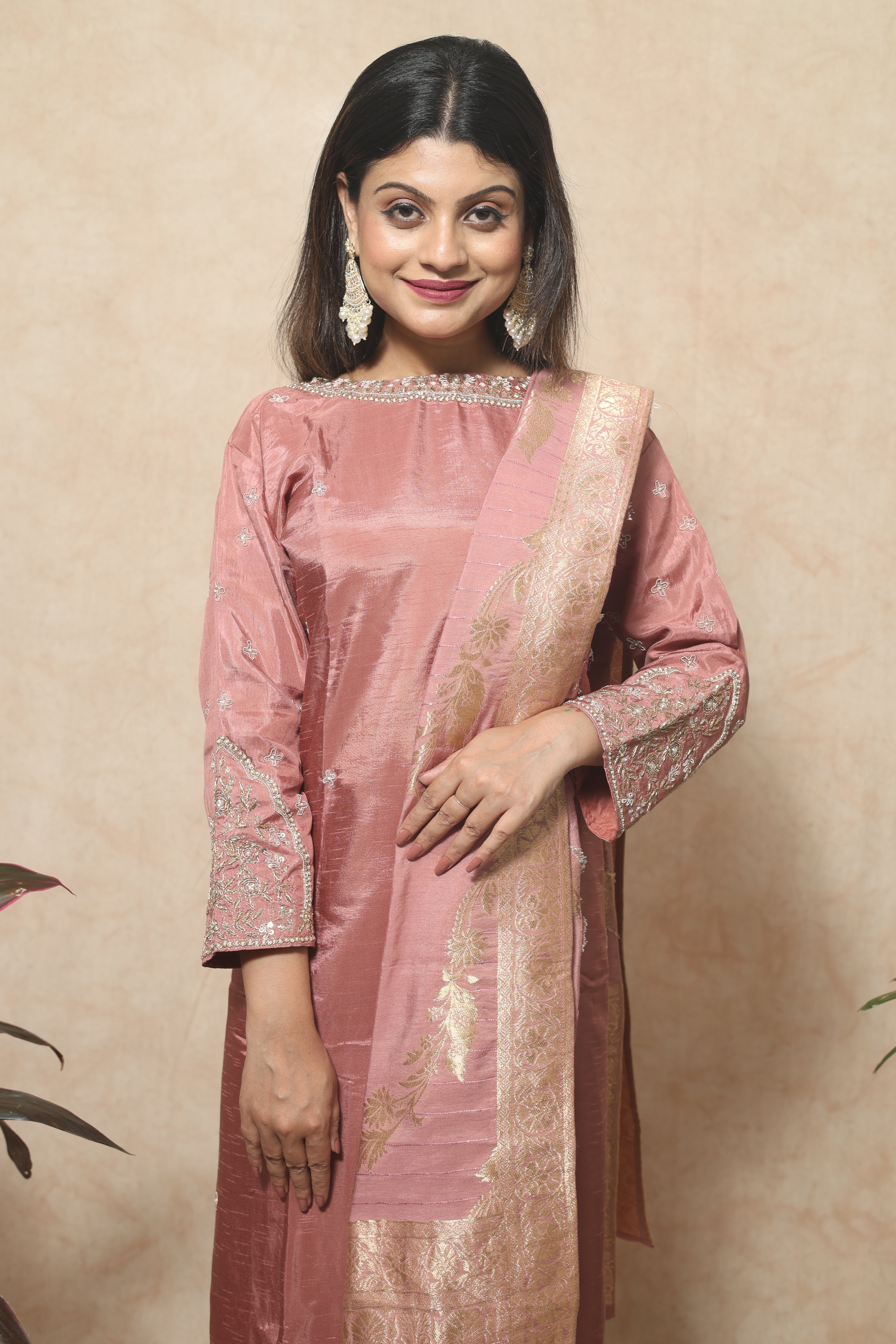 Dusty Pink Dola Silk Handwork Suit Set