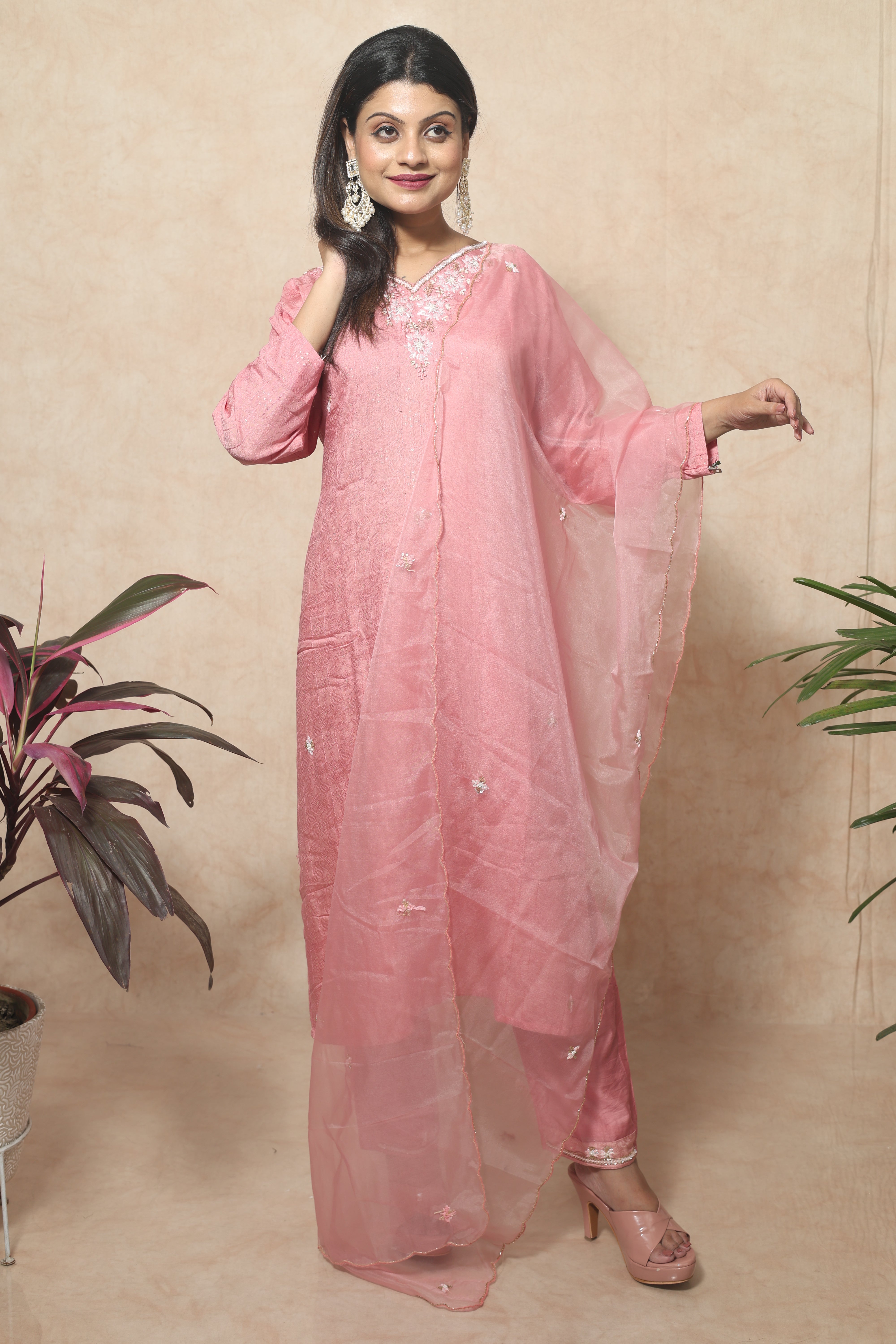 Nude Pink Color Hand Embroidery Dola Silk Suit Set