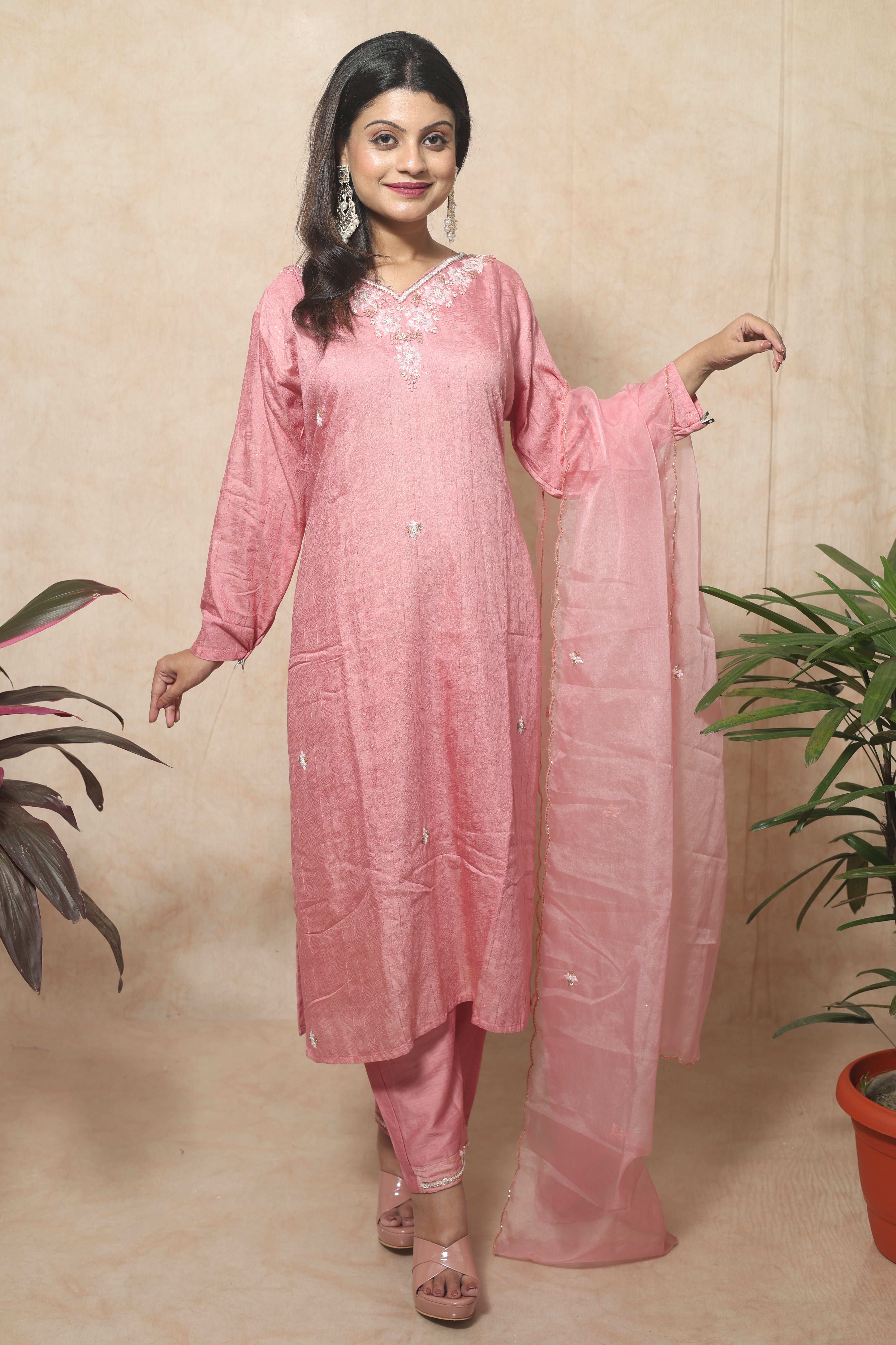 Nude Pink Color Hand Embroidery Dola Silk Suit Set