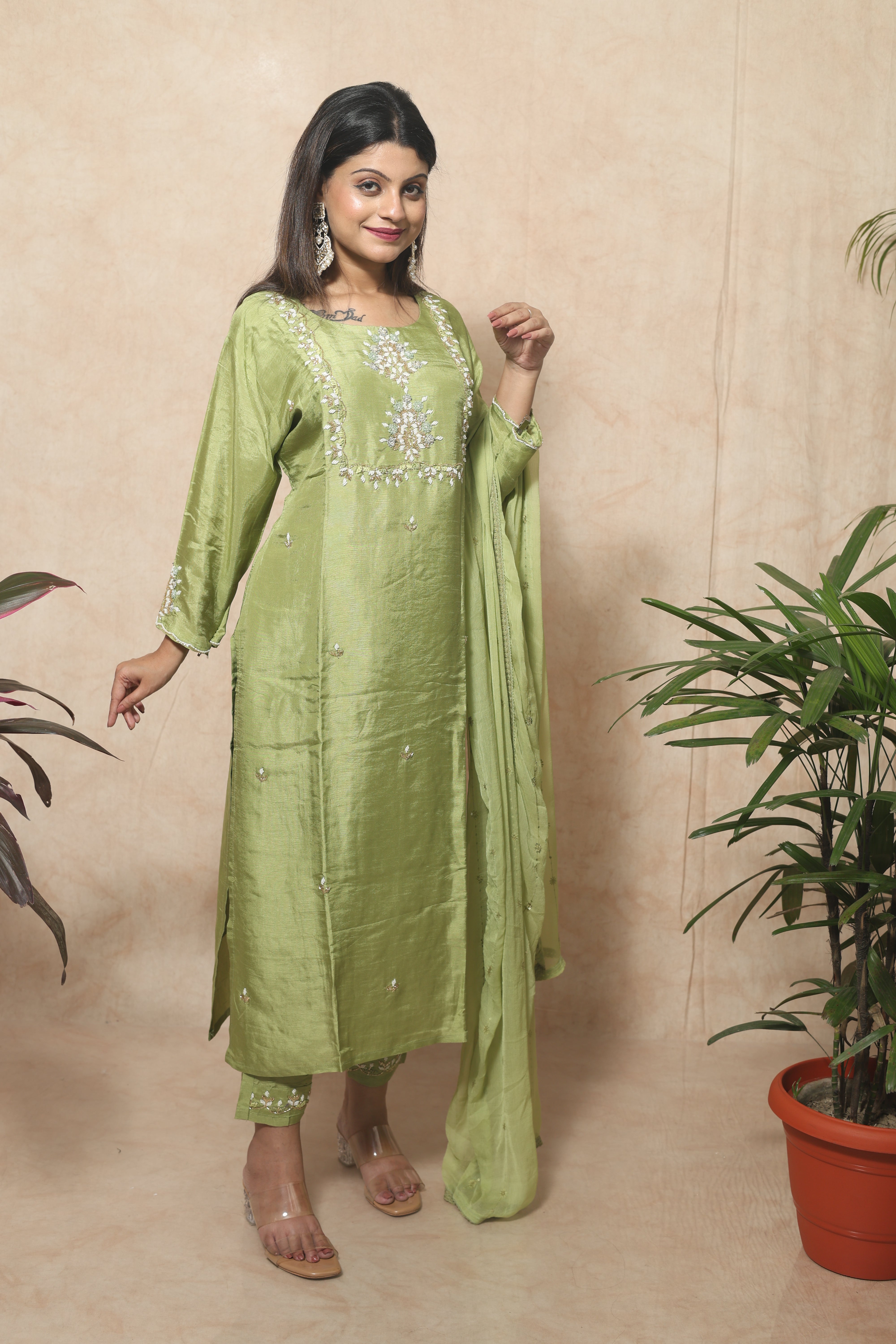 Pista Green Color Dola Silk Hand Crafted Suit Set