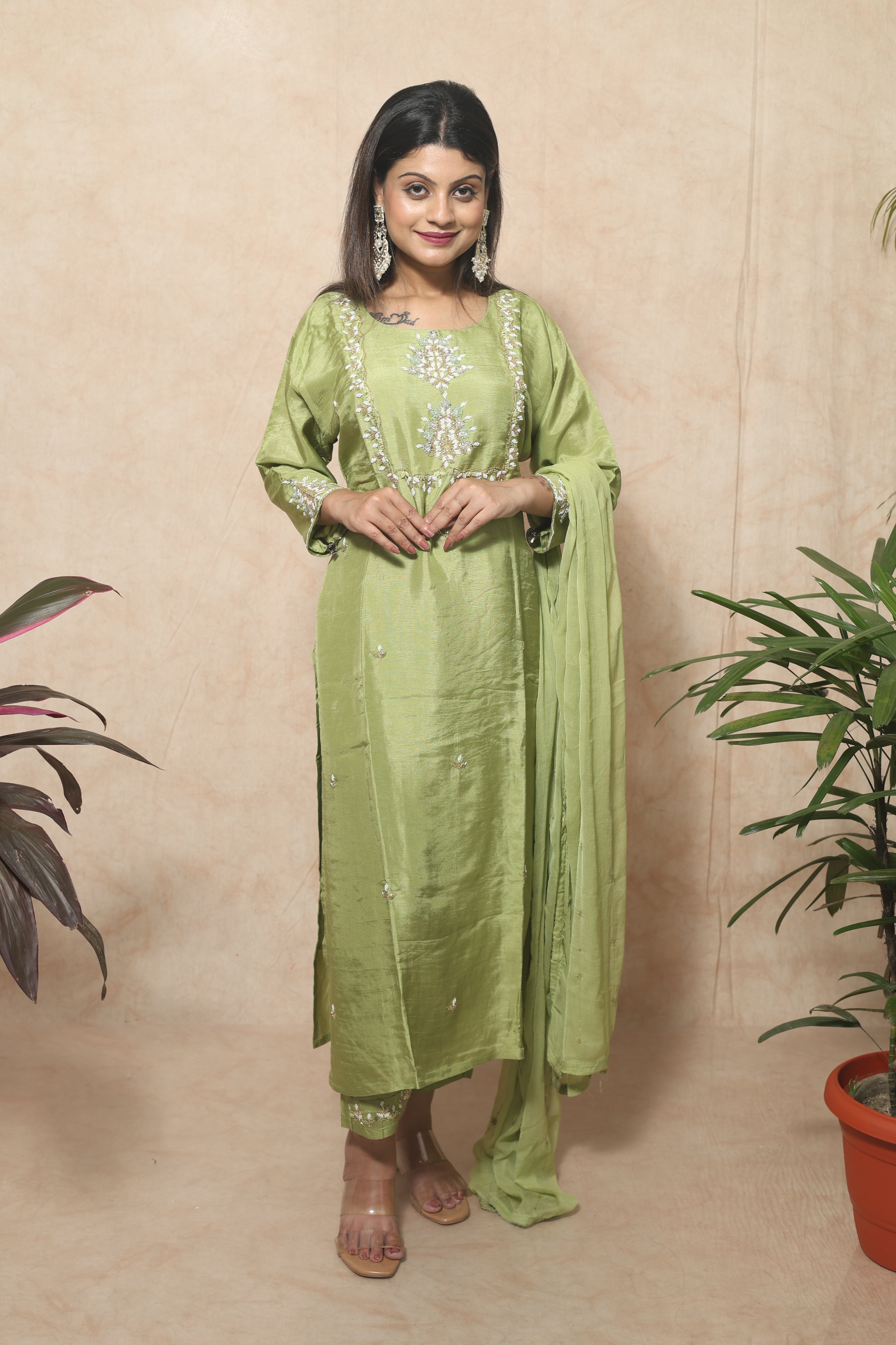 Pista Green Color Dola Silk Hand Crafted Suit Set