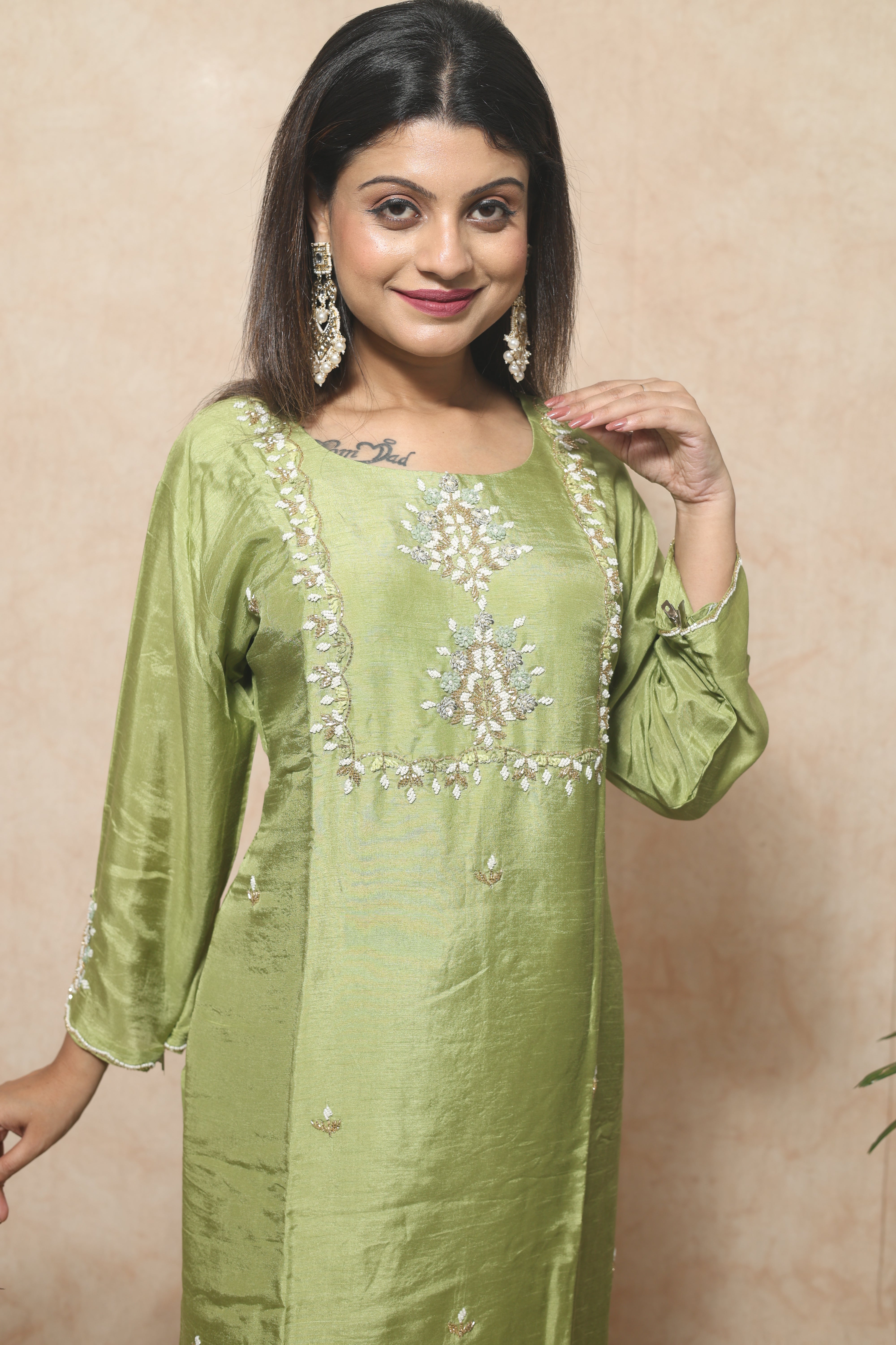 Pista Green Color Dola Silk Hand Crafted Suit Set