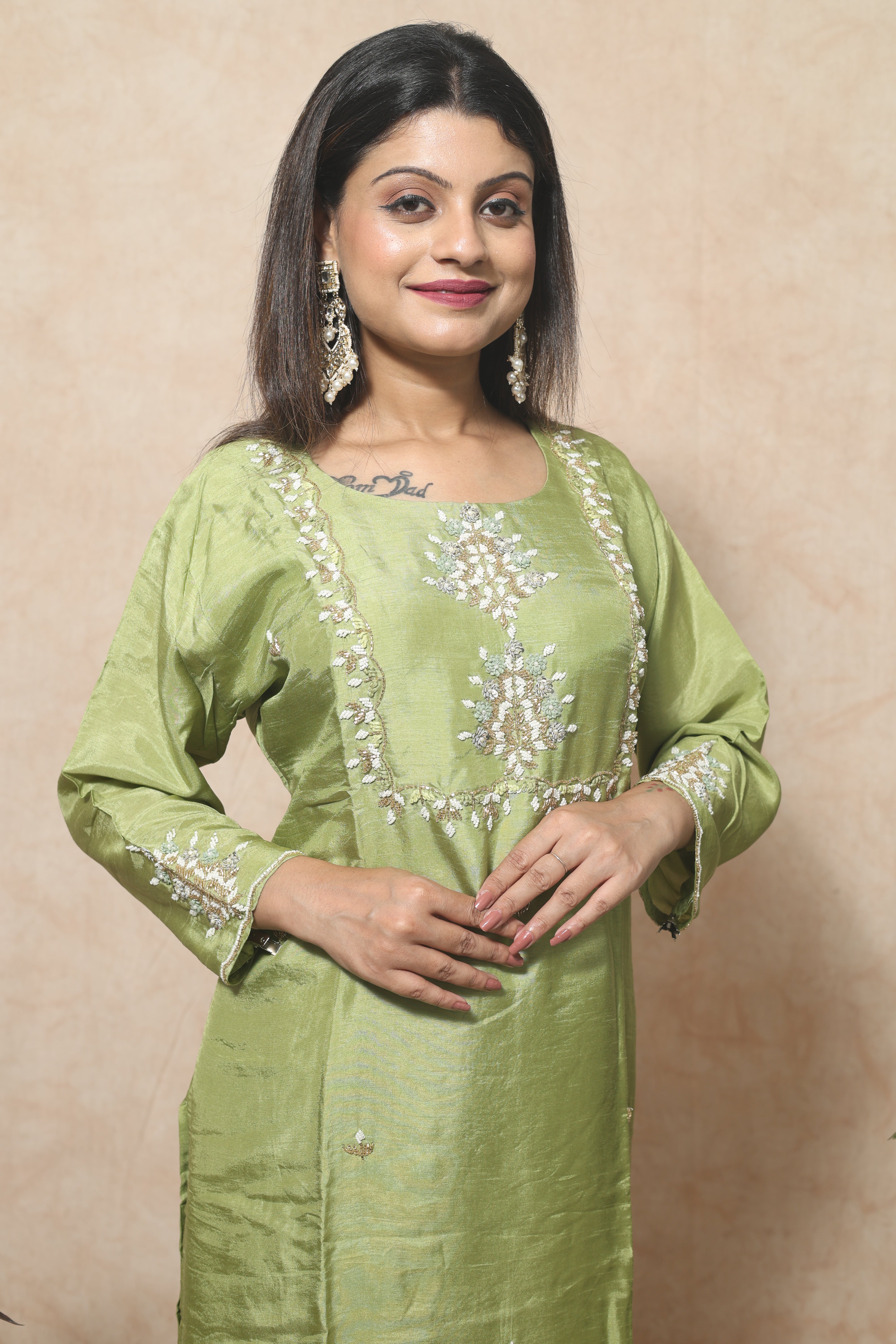 Pista Green Color Dola Silk Hand Crafted Suit Set