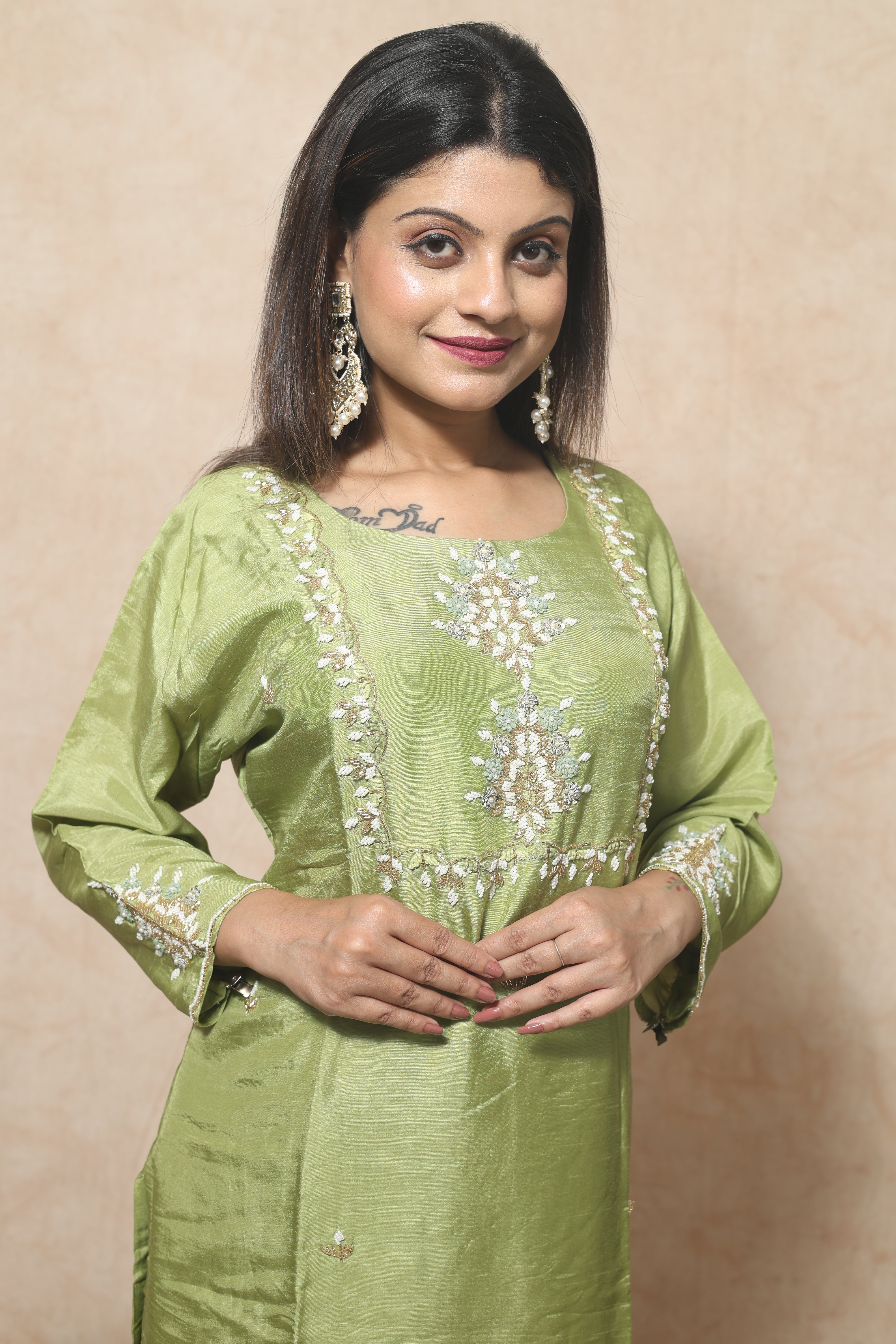 Pista Green Color Dola Silk Hand Crafted Suit Set