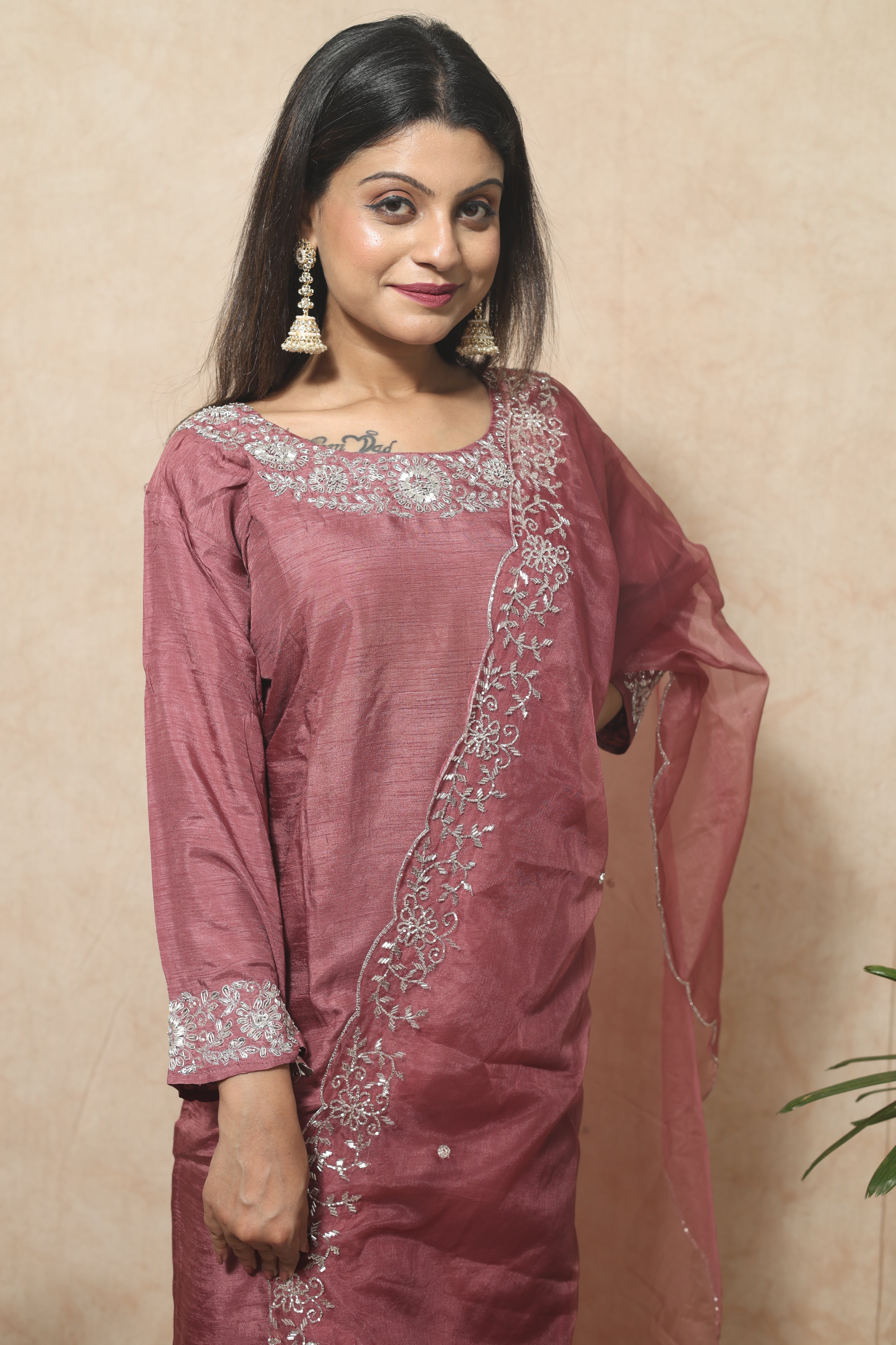 Dusty Pink Color Hand Embroidery Dola Silk Suit Set