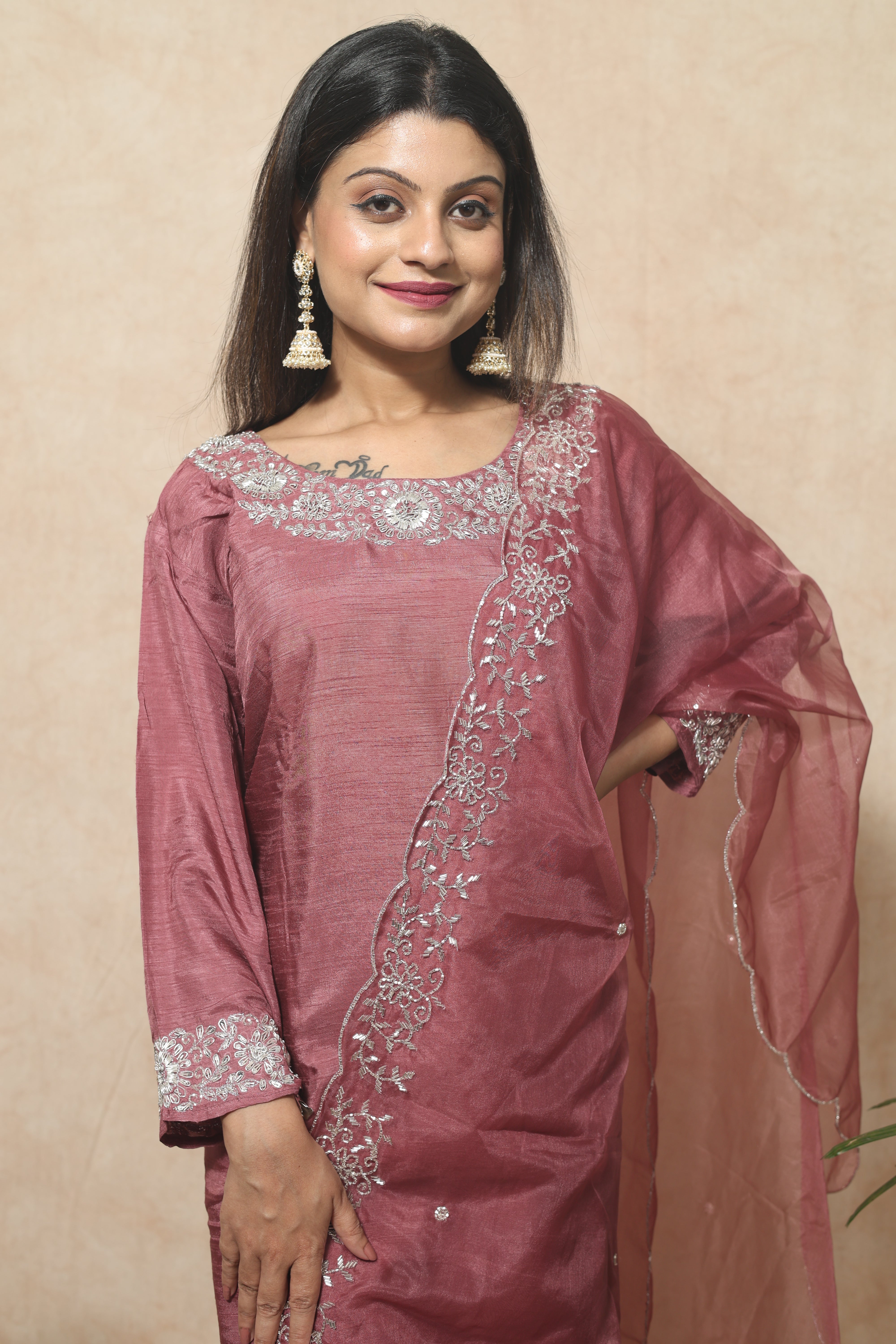 Dusty Pink Color Hand Embroidery Dola Silk Suit Set