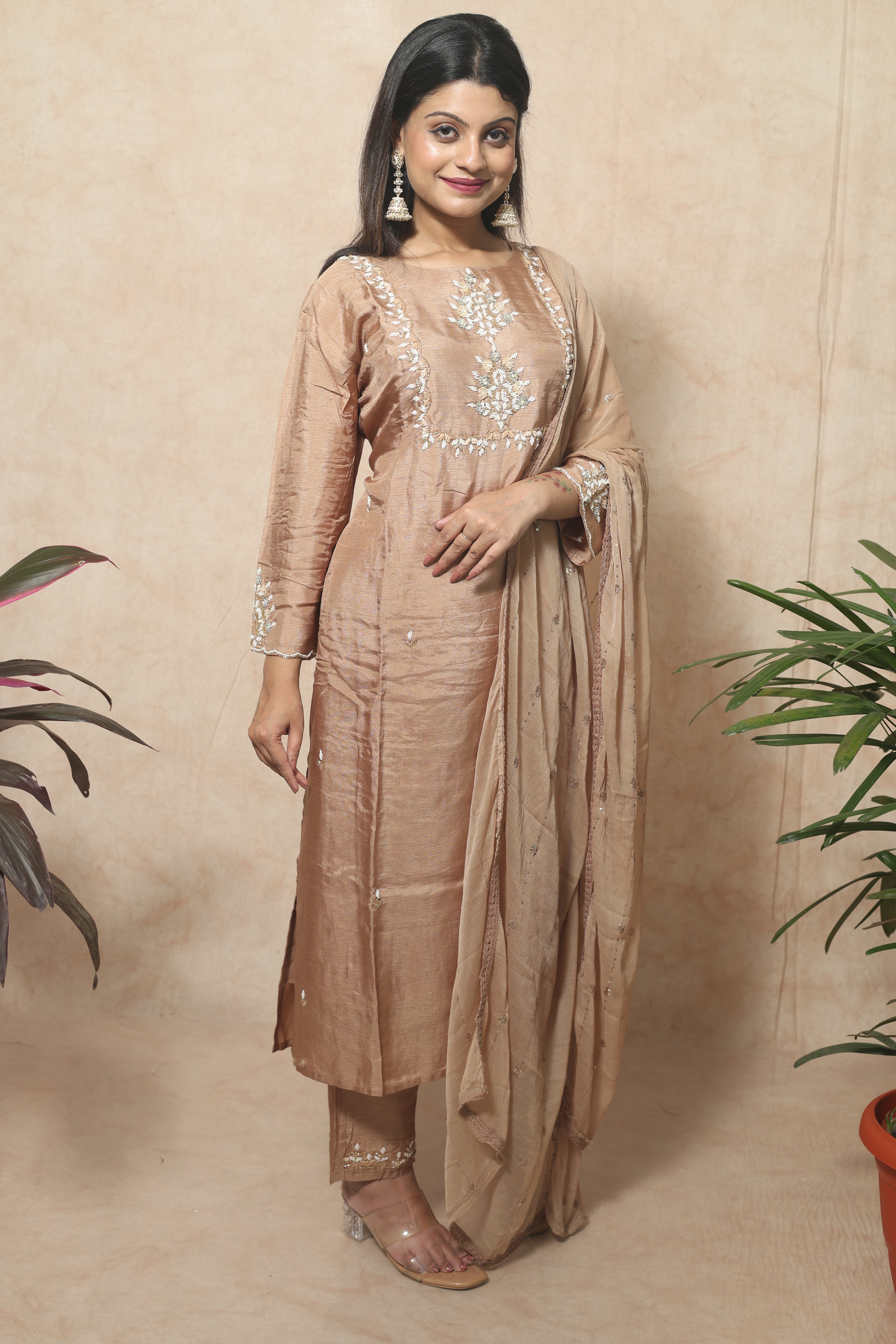 Cappuccino color dola silk suit set featuring exquisite handwork