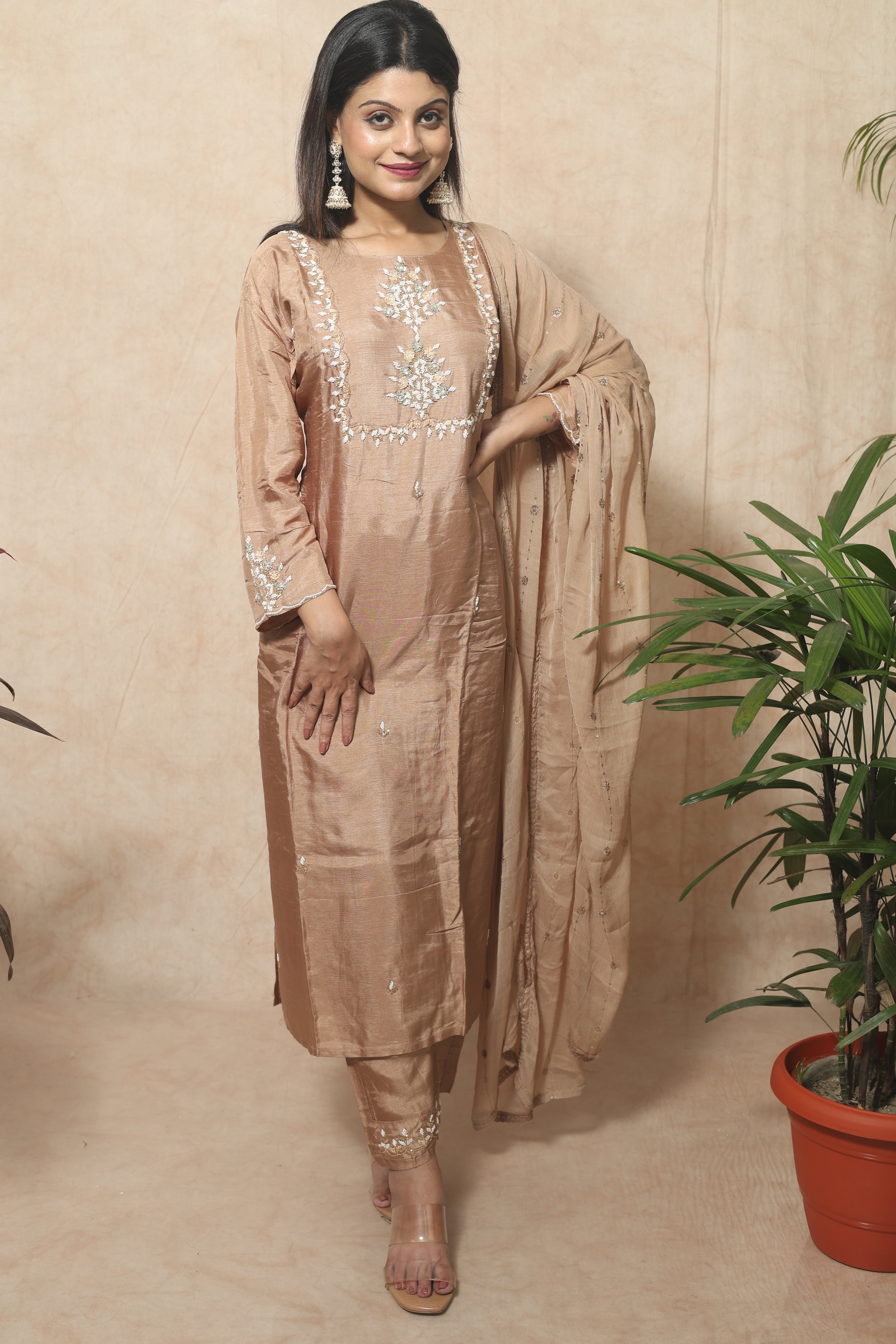Cappuccino Color Hand Work Dola Silk Suit Set