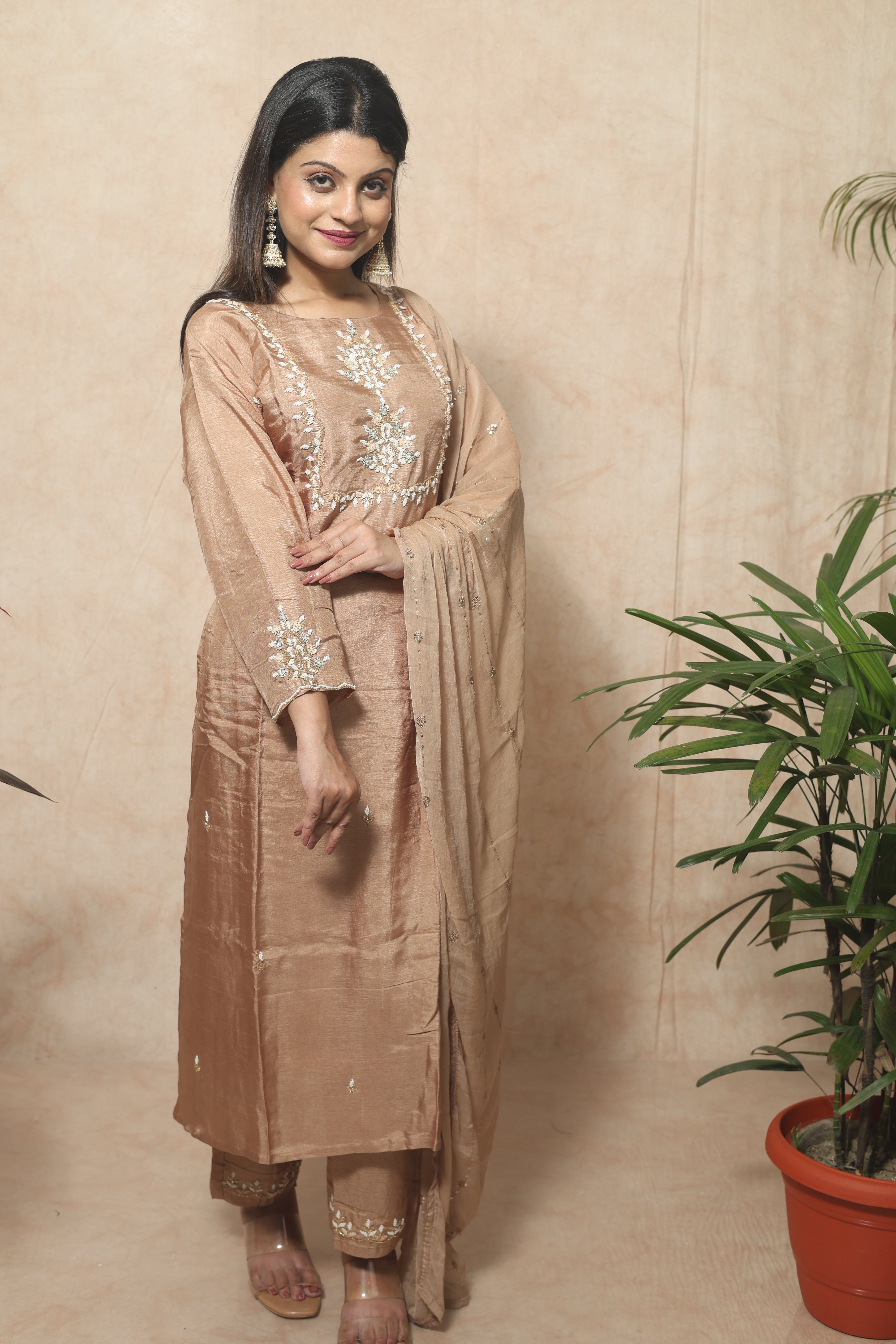 Cappuccino Color Hand Work Dola Silk Suit Set