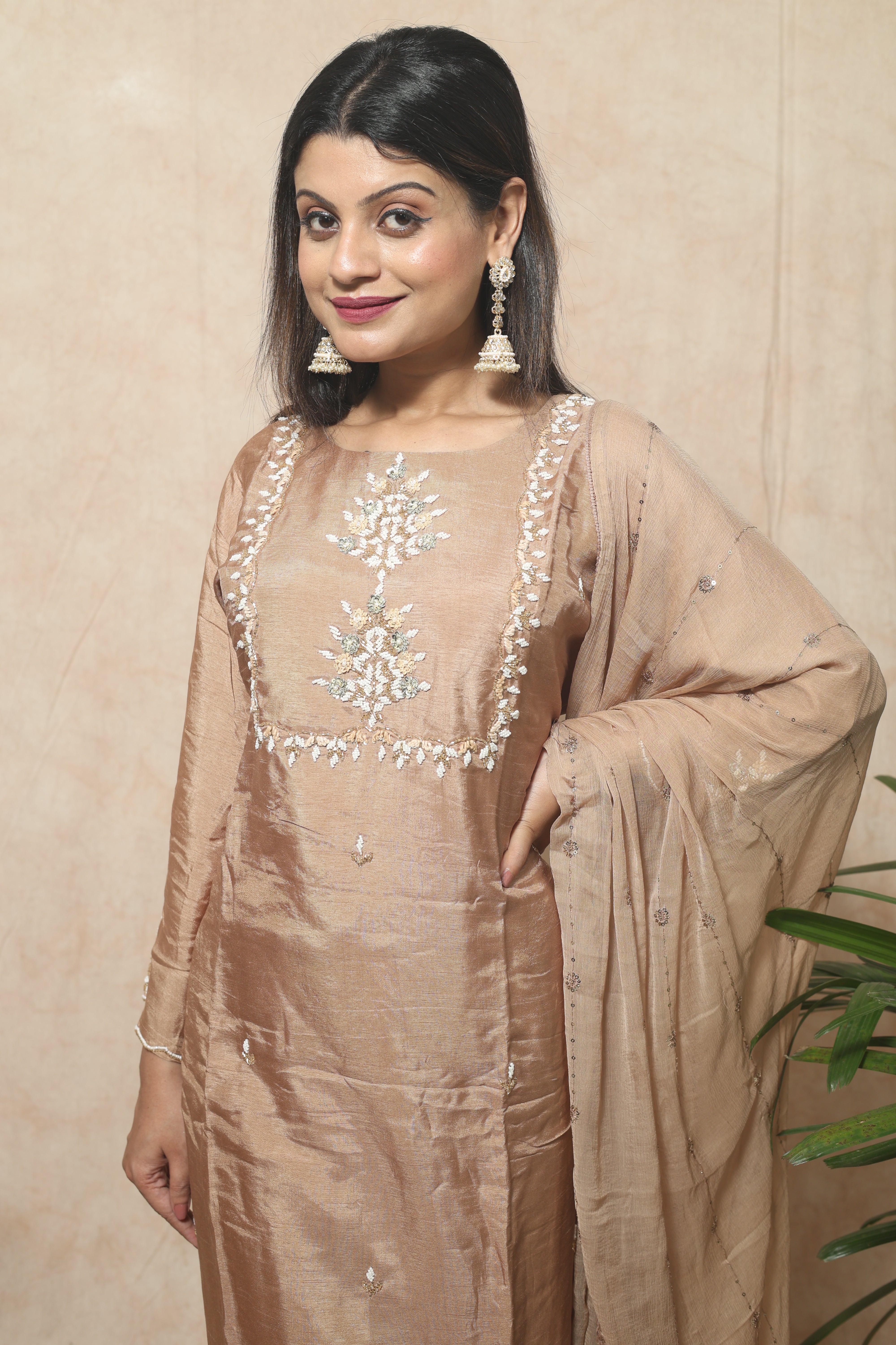 Cappuccino Color Hand Work Dola Silk Suit Set