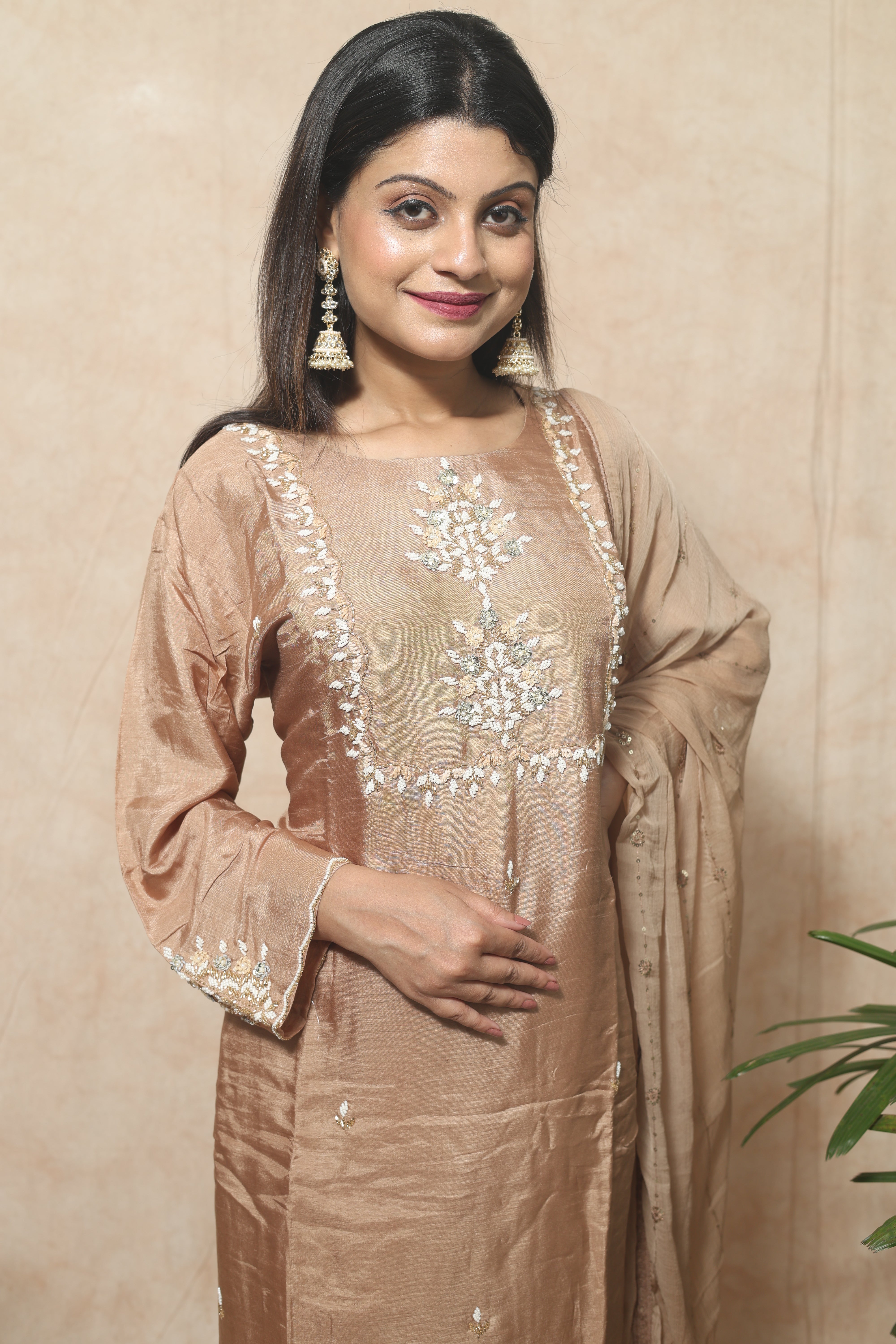 Cappuccino Color Hand Work Dola Silk Suit Set