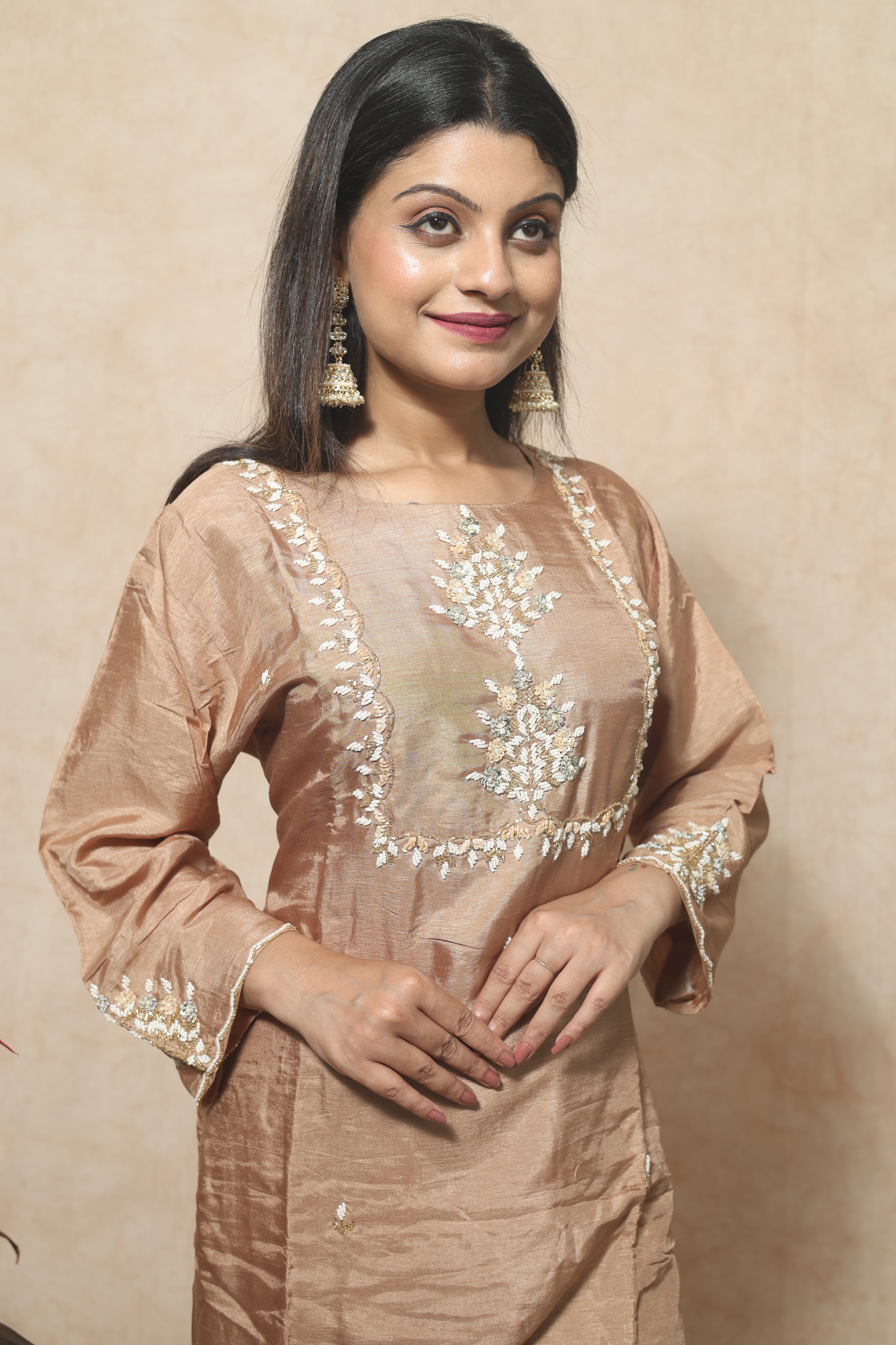 Cappuccino Color Hand Work Dola Silk Suit Set