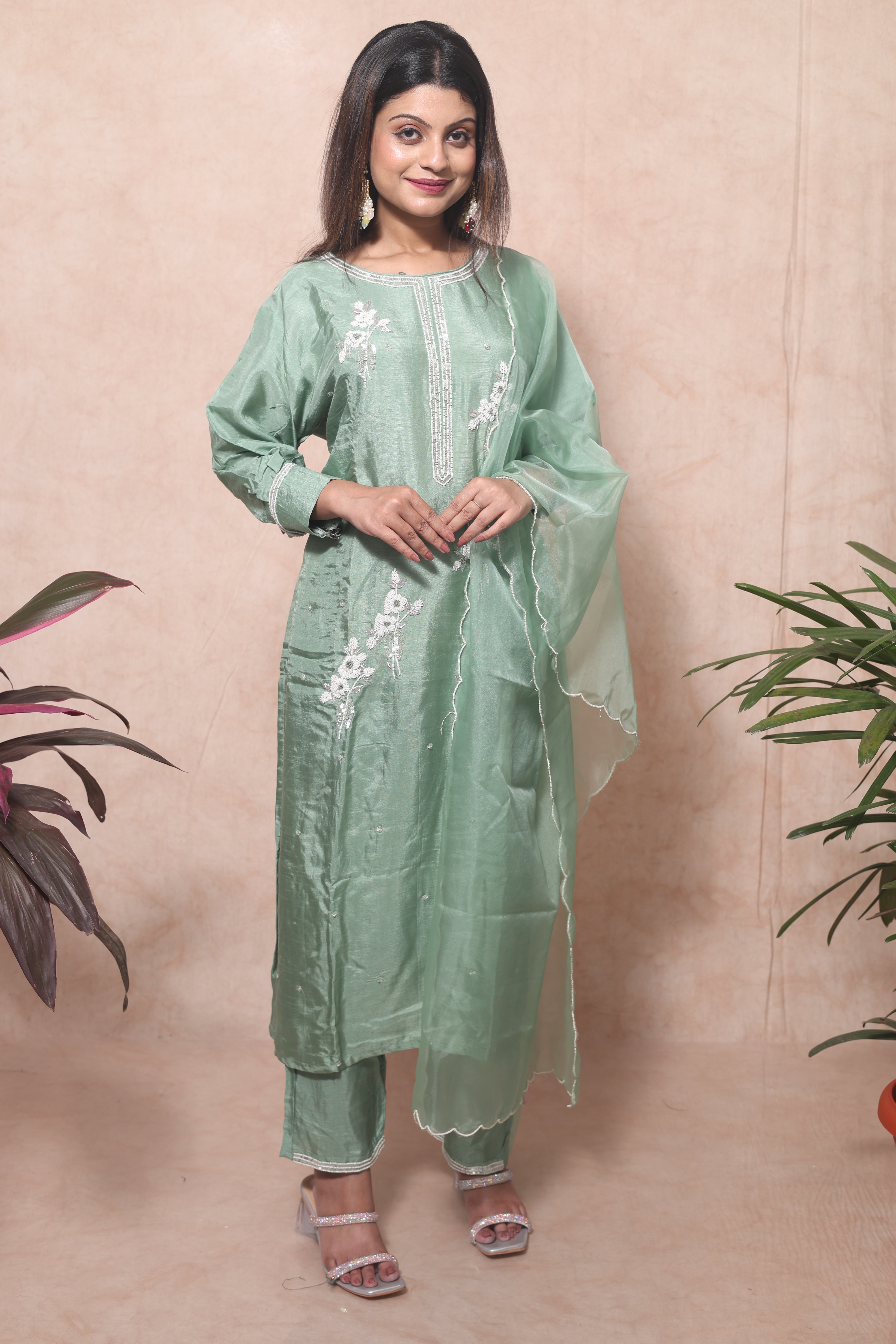 Pastel Green Color Handwork Dola Silk Suit Set