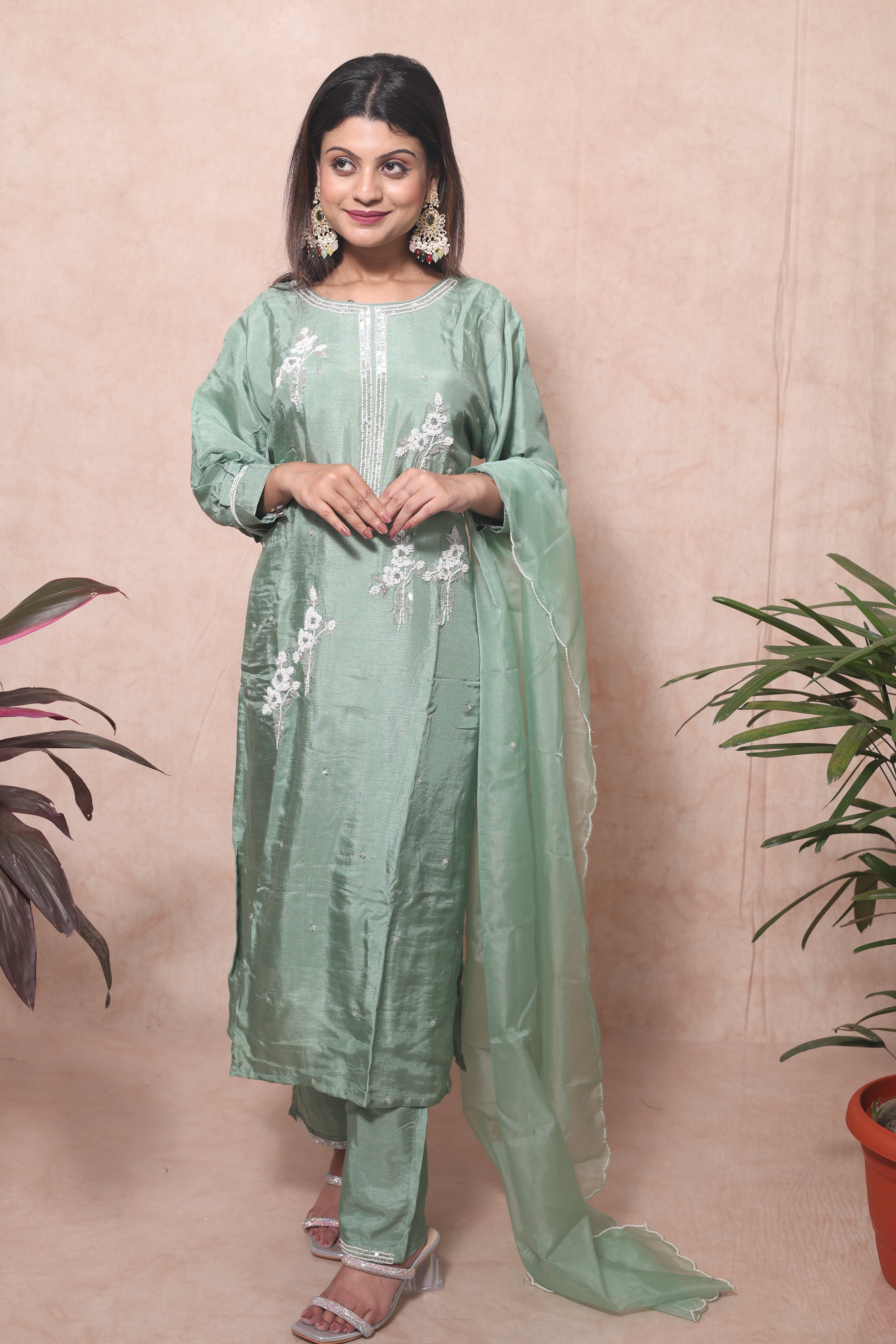 Pastel Green Color Handwork Dola Silk Suit Set