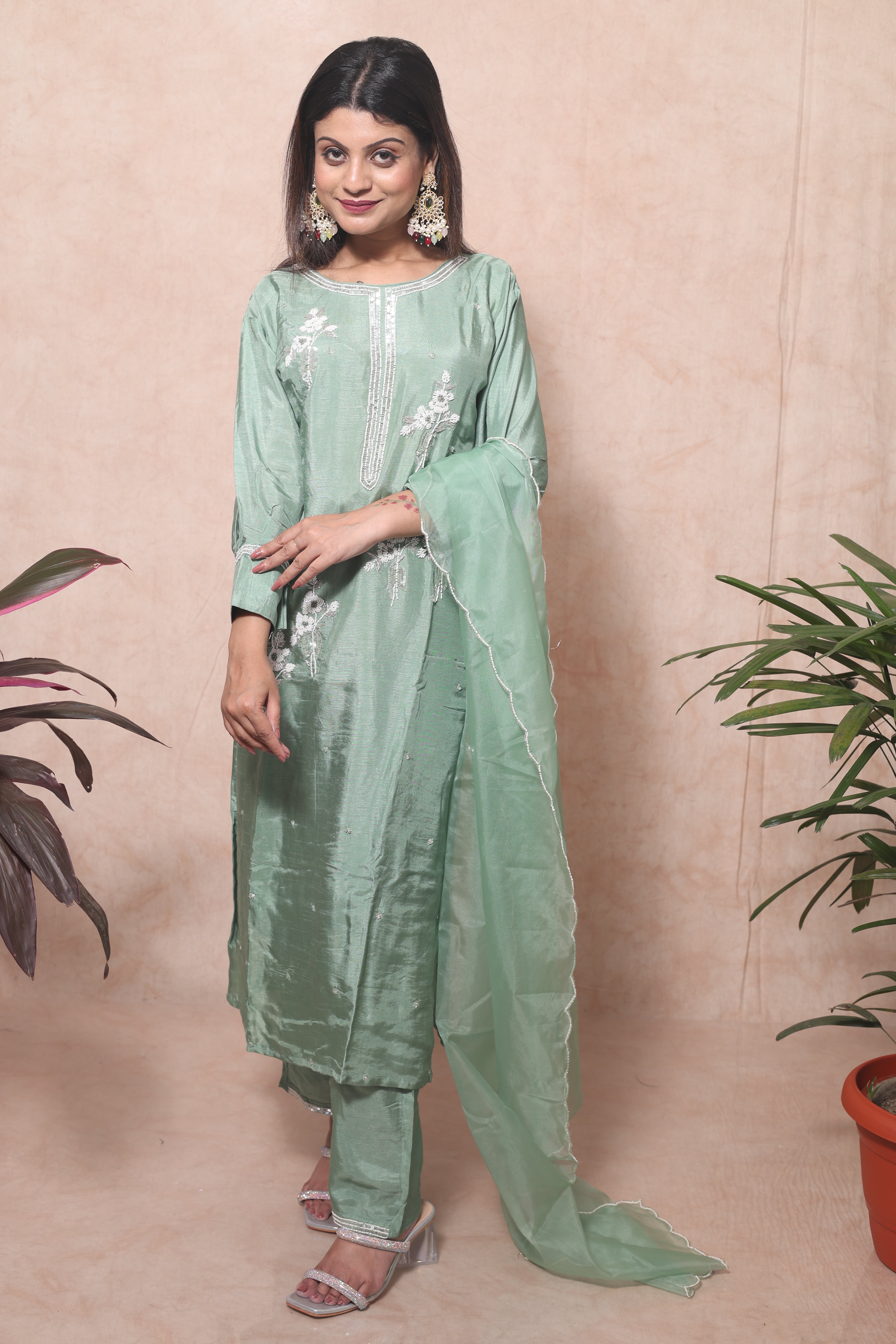 Pastel Green Color Handwork Dola Silk Suit Set