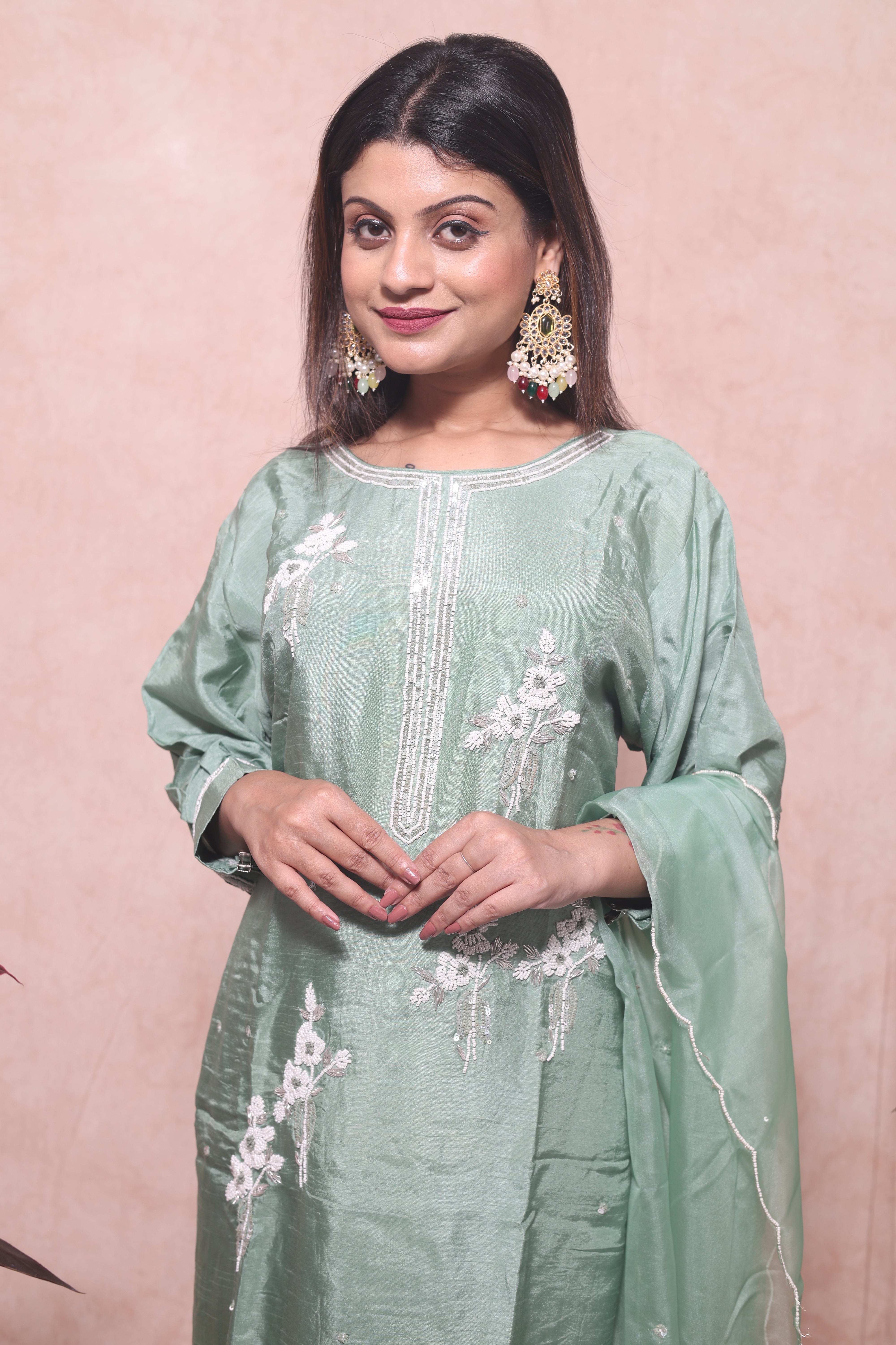 Pastel Green Color Handwork Dola Silk Suit Set