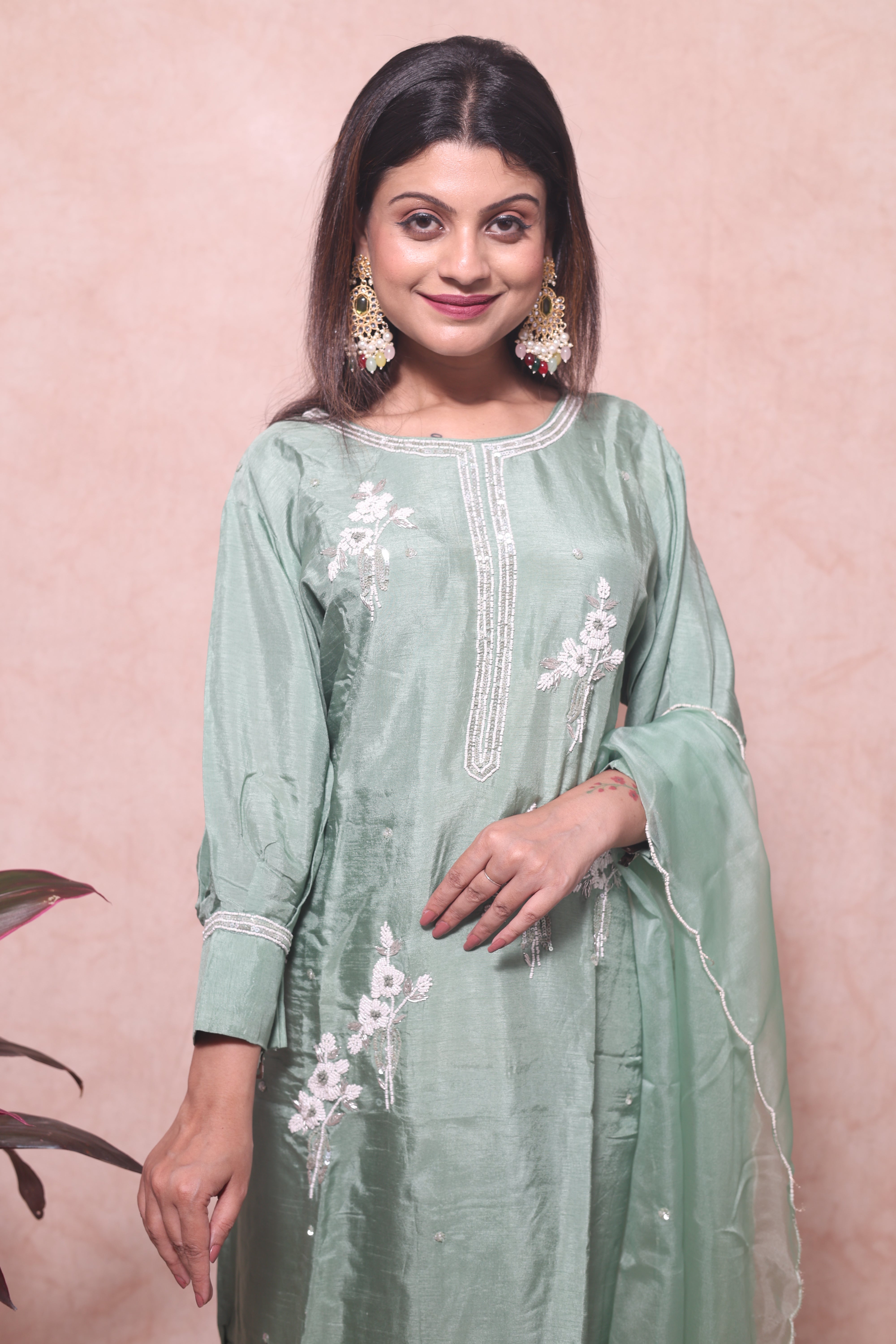 Pastel Green Color Handwork Dola Silk Suit Set