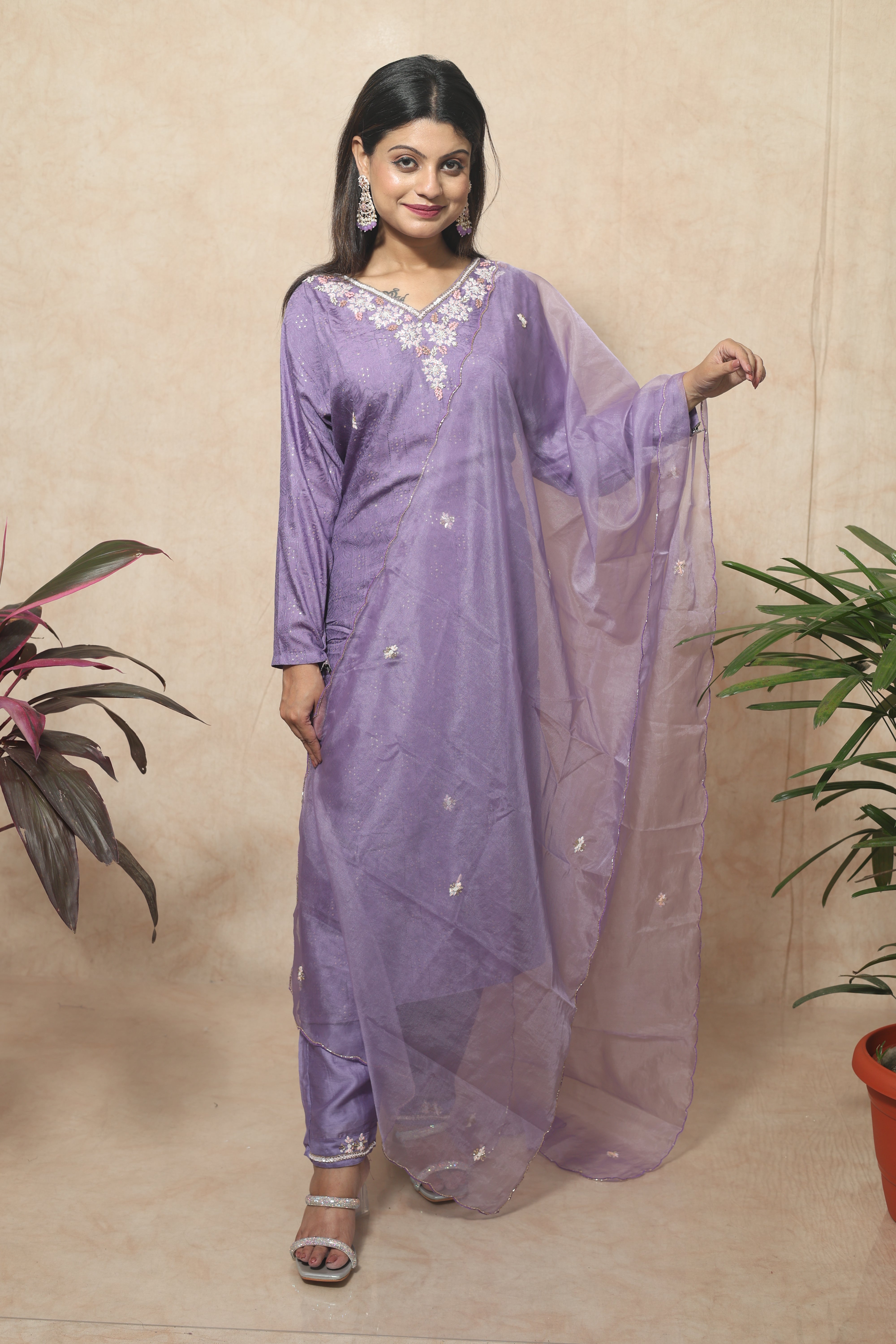 Lavender dola silk suit with hand embroidery