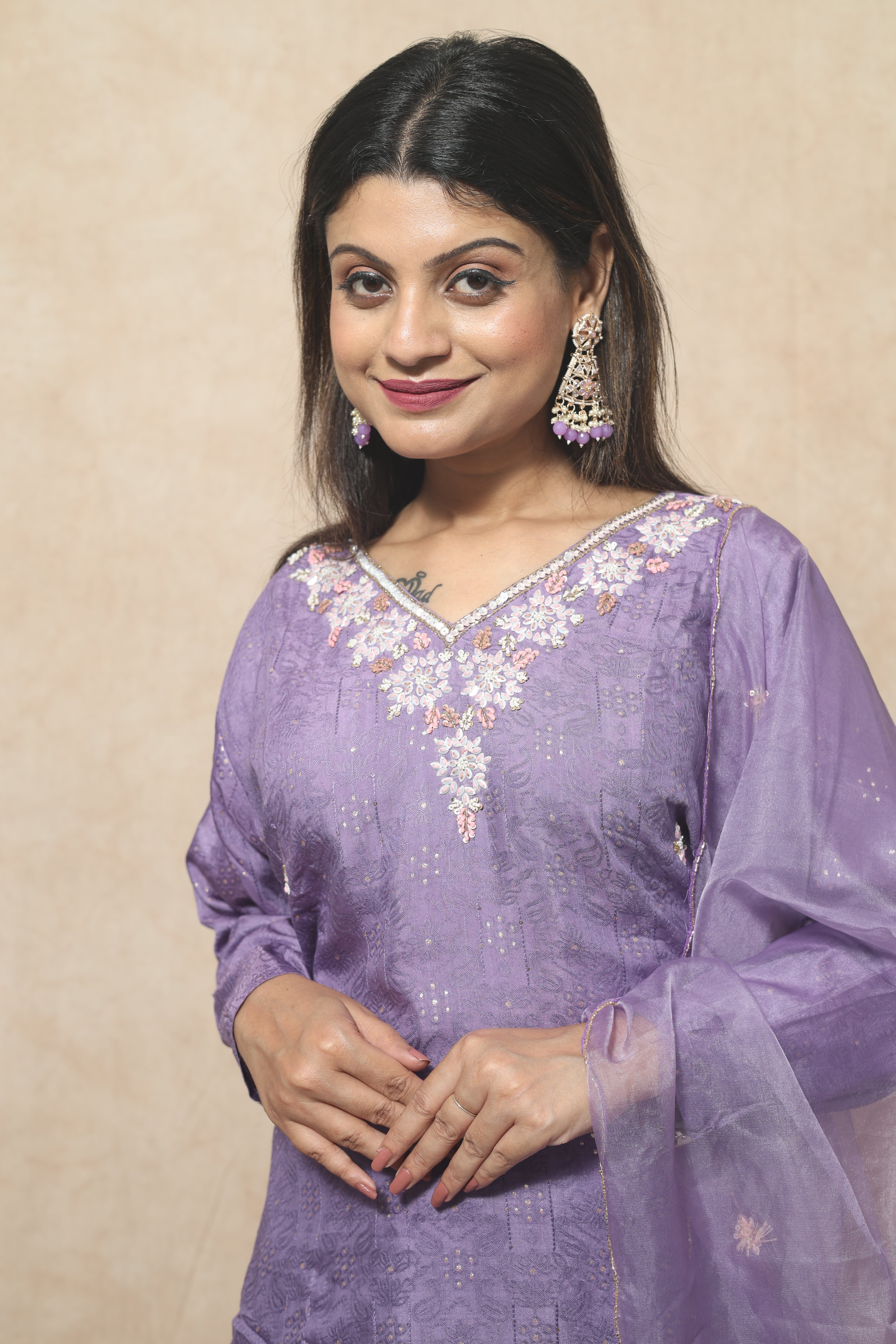 Hand Embroidery Lavender Color Dola Silk Suit Set