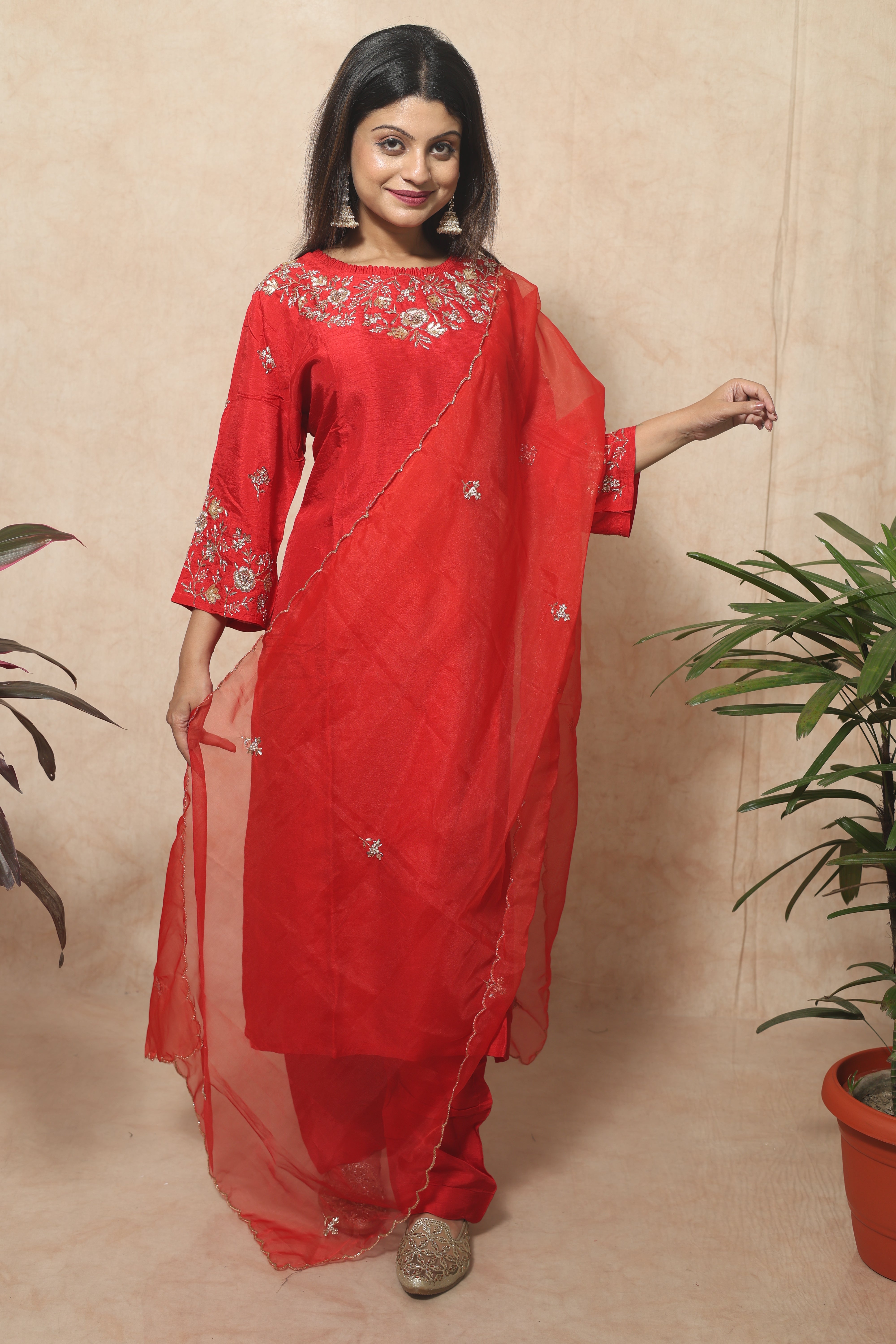 Hand Embroidery Dola Silk Red Color Suit Set