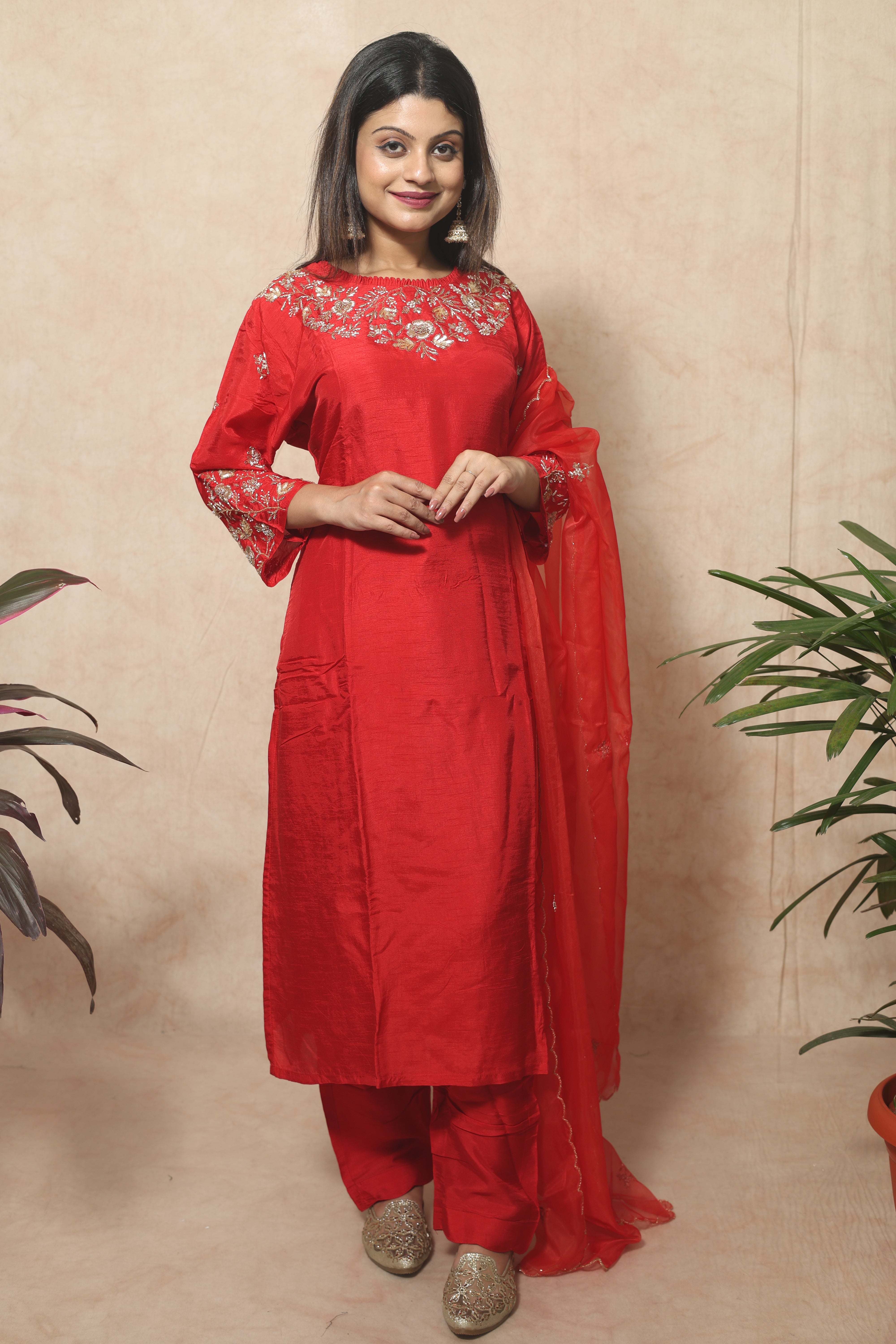 Red dola silk suit with hand embroidery