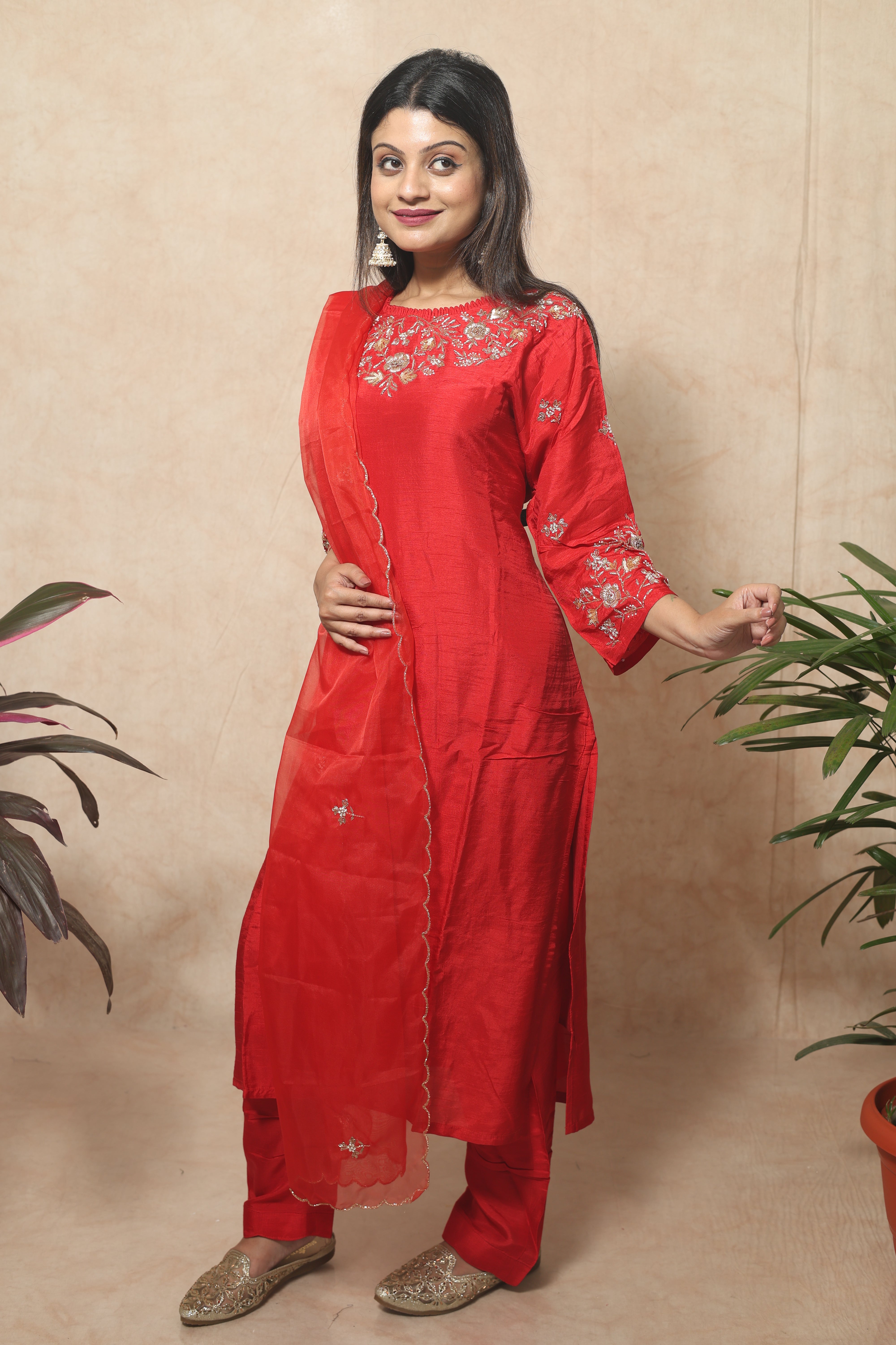 Hand Embroidery Dola Silk Red Color Suit Set