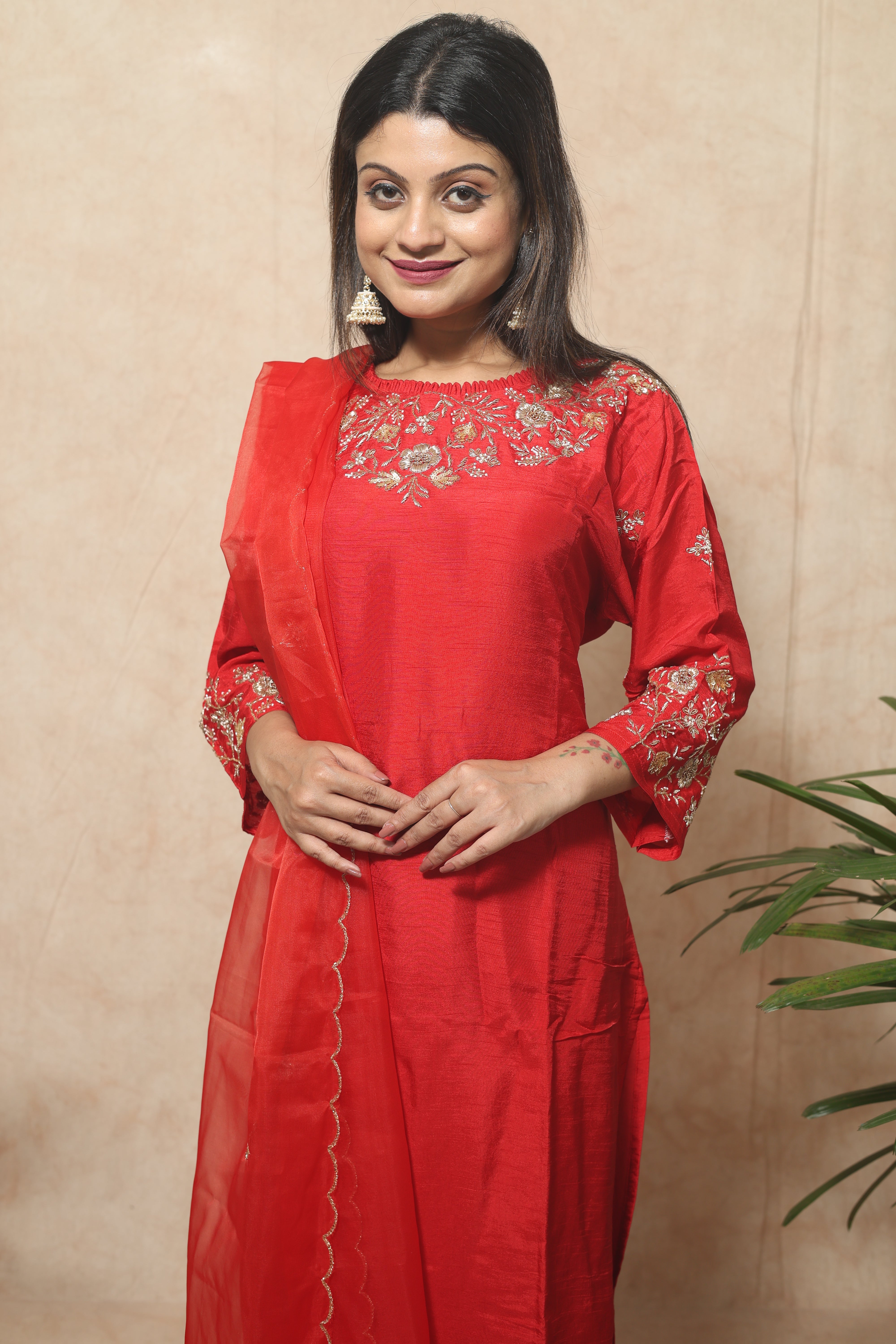 Hand Embroidery Dola Silk Red Color Suit Set