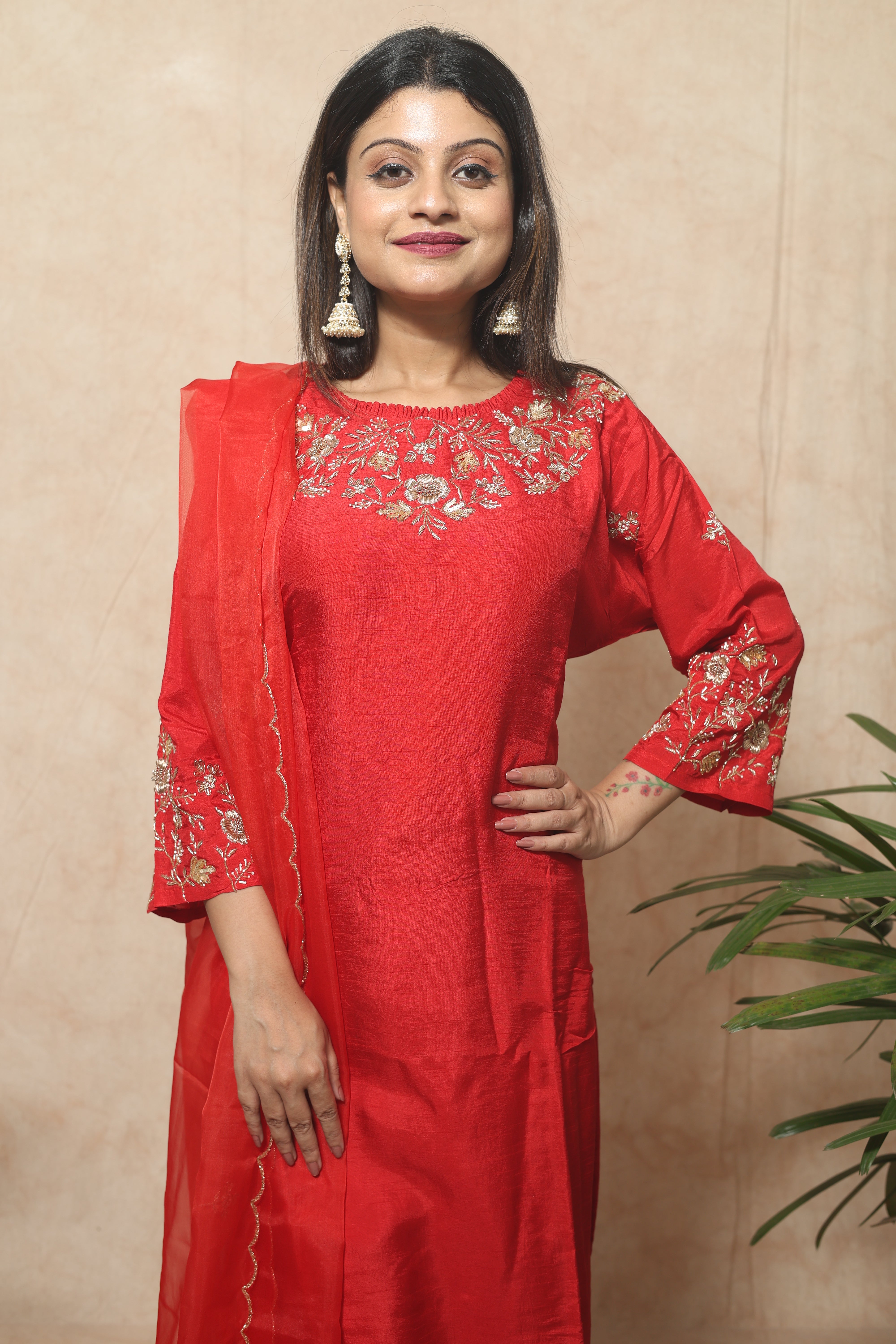 Hand Embroidery Dola Silk Red Color Suit Set
