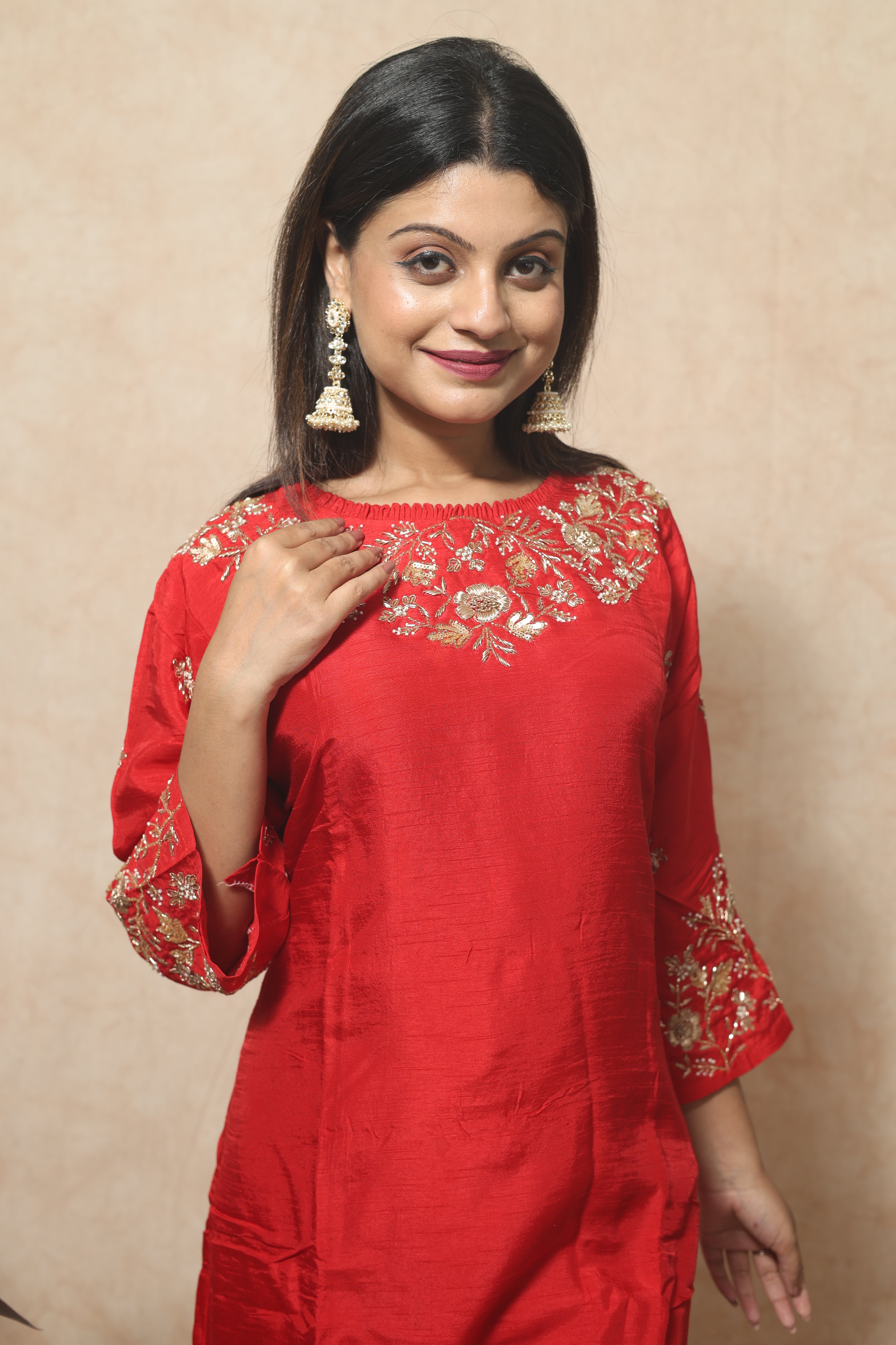 Hand Embroidery Dola Silk Red Color Suit Set
