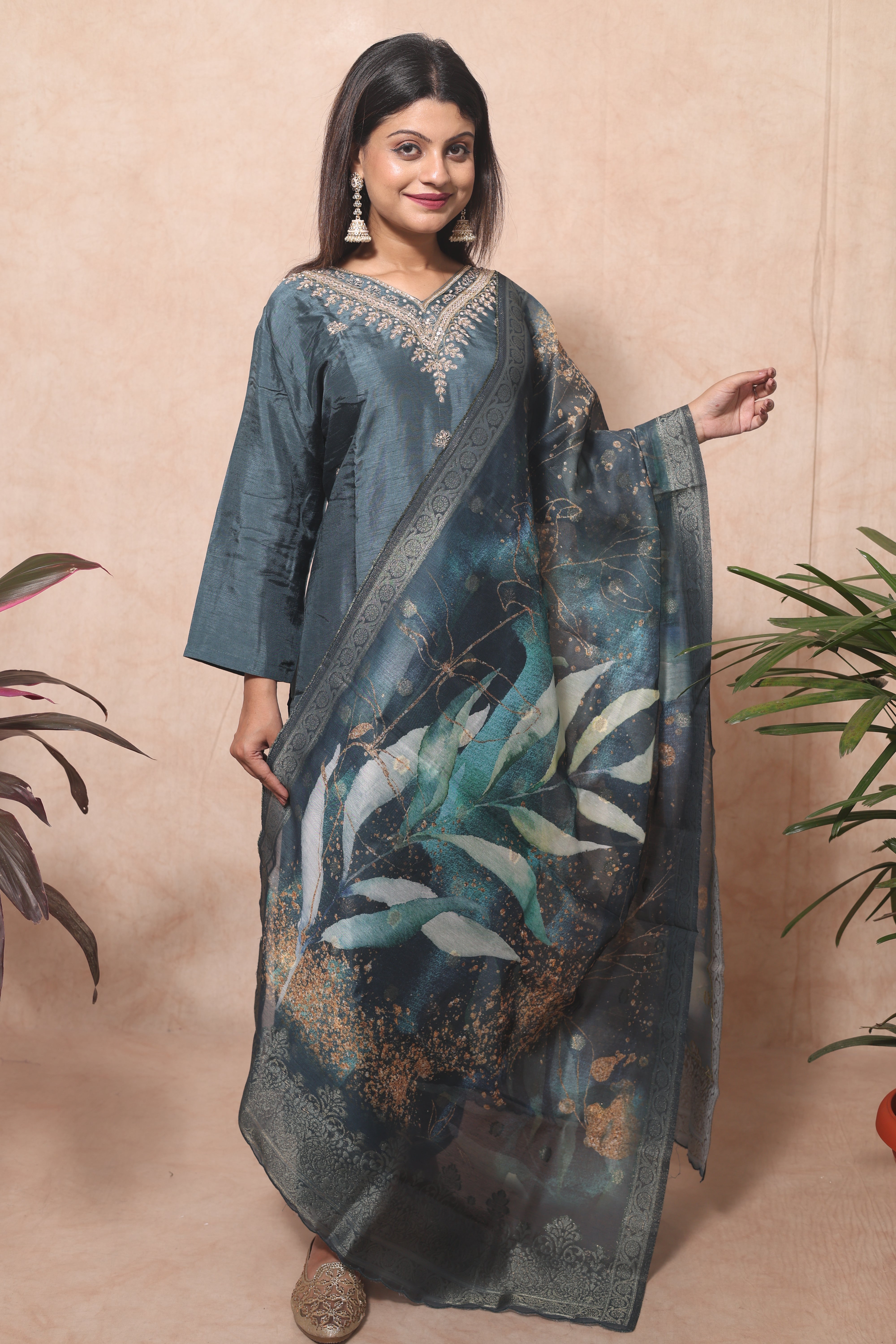 Teal blue dola silk suit with handcrafted details