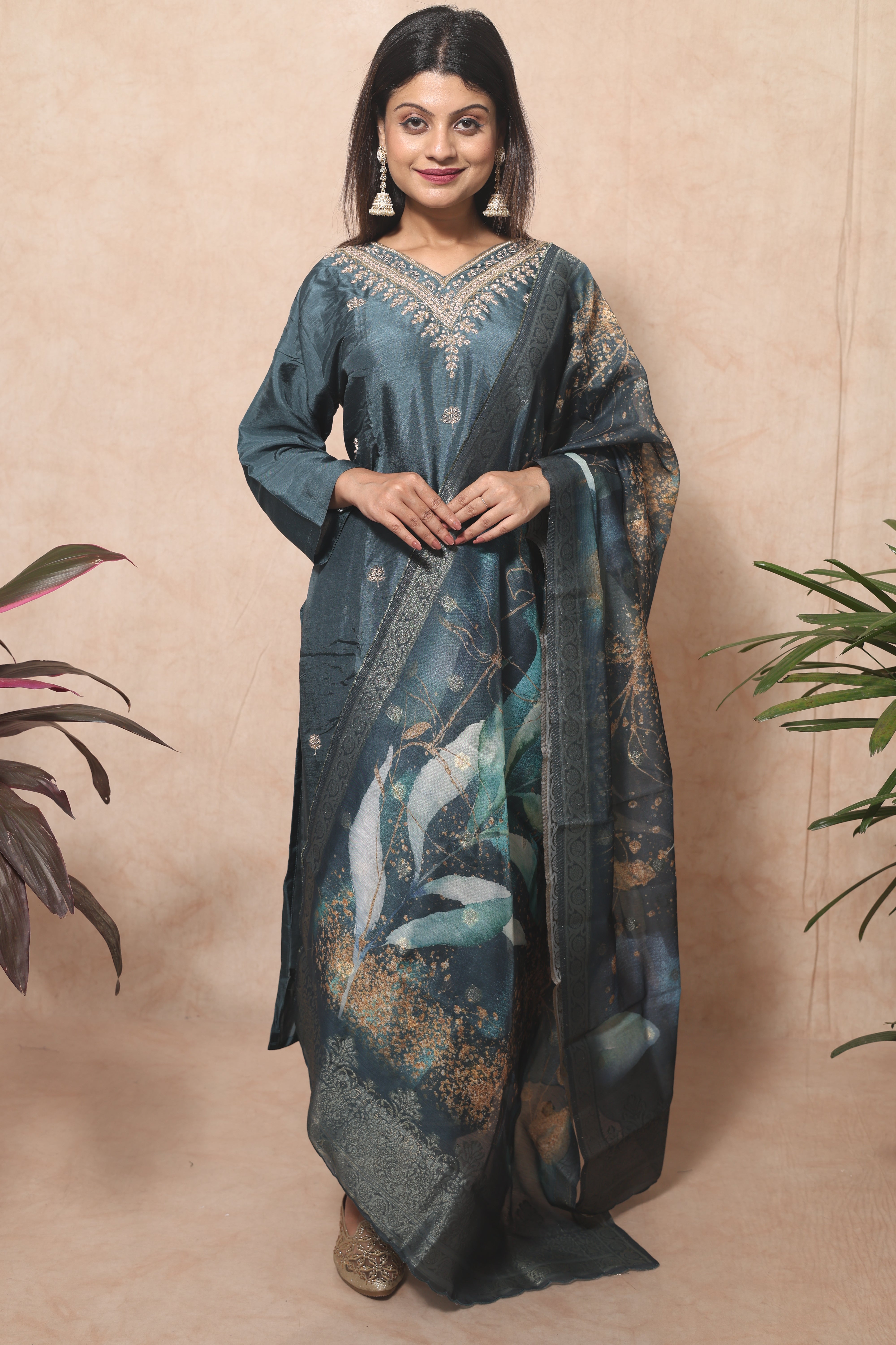 Teal Blue Color Dola Silk Hand Crafted Suit Set